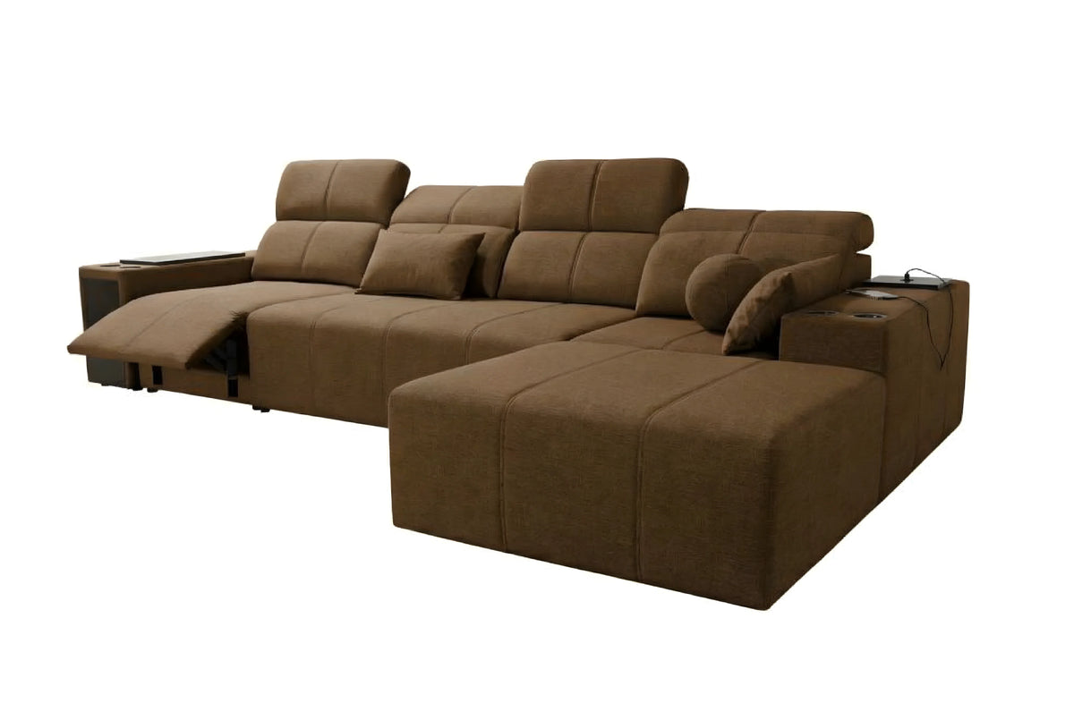 Canapé d'angle relax en tissu marron, design moderne, avec têtières ajustables et accoudoirs, pour salon