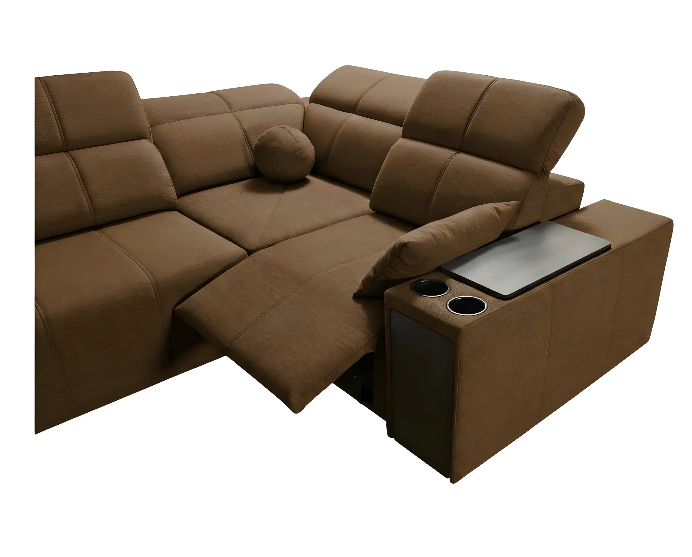 Canapé d'angle relax en tissu marron, design moderne, avec porte-gobelets, idéal salon