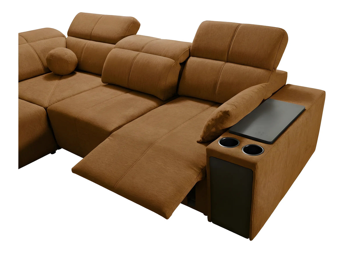 Canapé d'angle relax marron en tissu microfibre, avec accoudoirs, repose-tête et porte-gobelets, pour salon contemporain