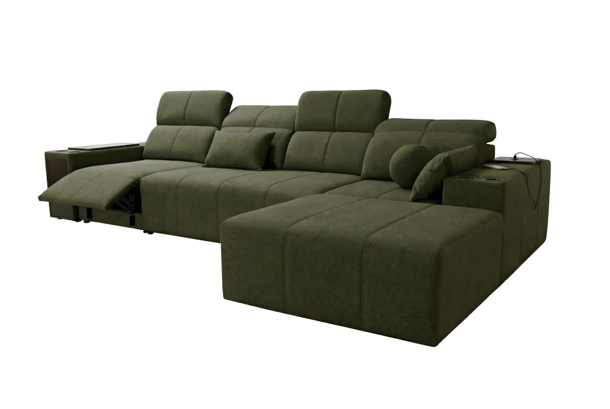 Canapé d'angle vert en tissu, design moderne avec têtières réglables, ottomane spacieuse et accoudoirs intégrés