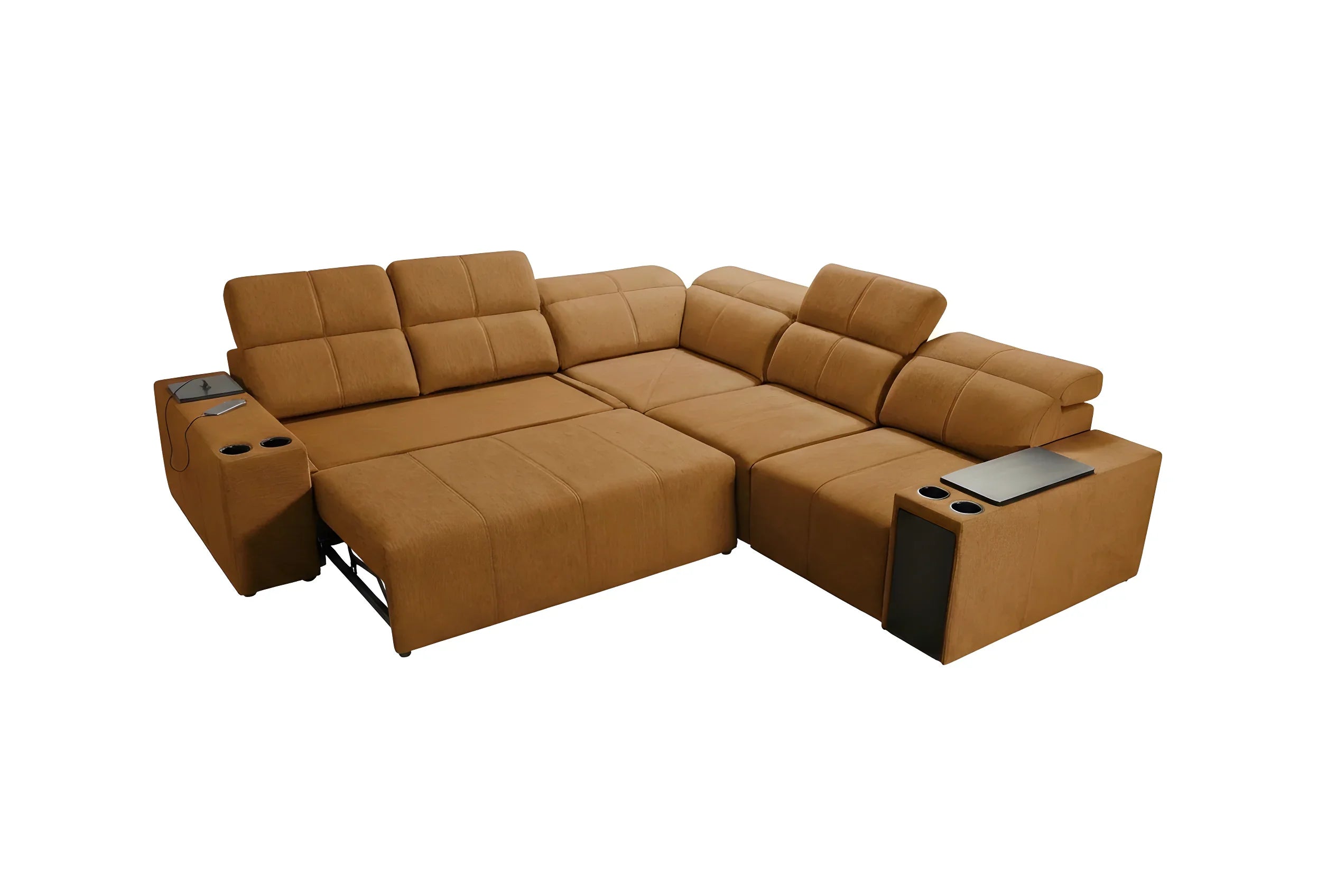 Canapé d'angle marron en tissu avec porte-gobelets et table intégrés, idéal salon moderne