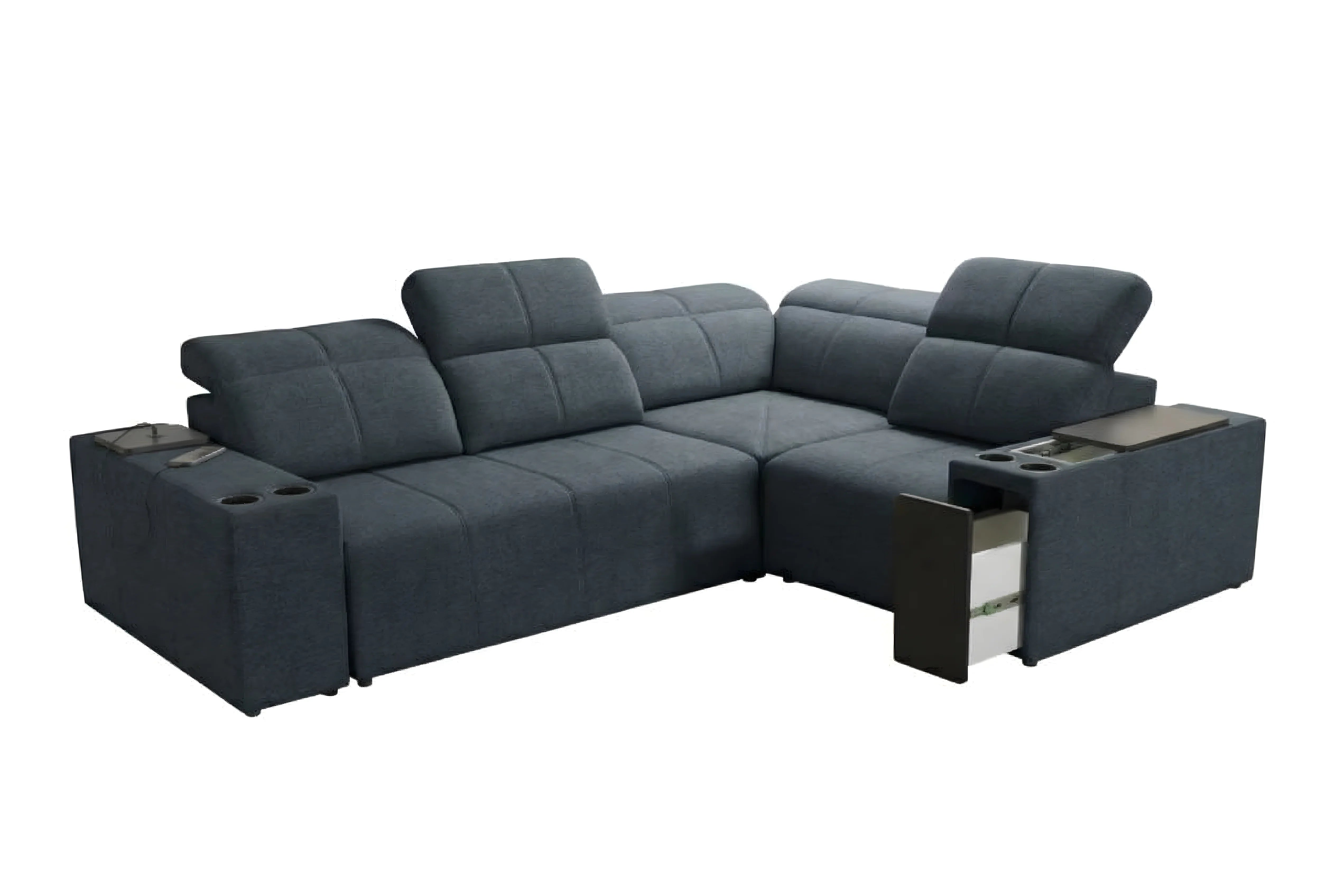 Canapé d'angle en tissu bleu anthracite capitonné, avec tablettes, porte-gobelets et rangements intégrés, pour salon moderne