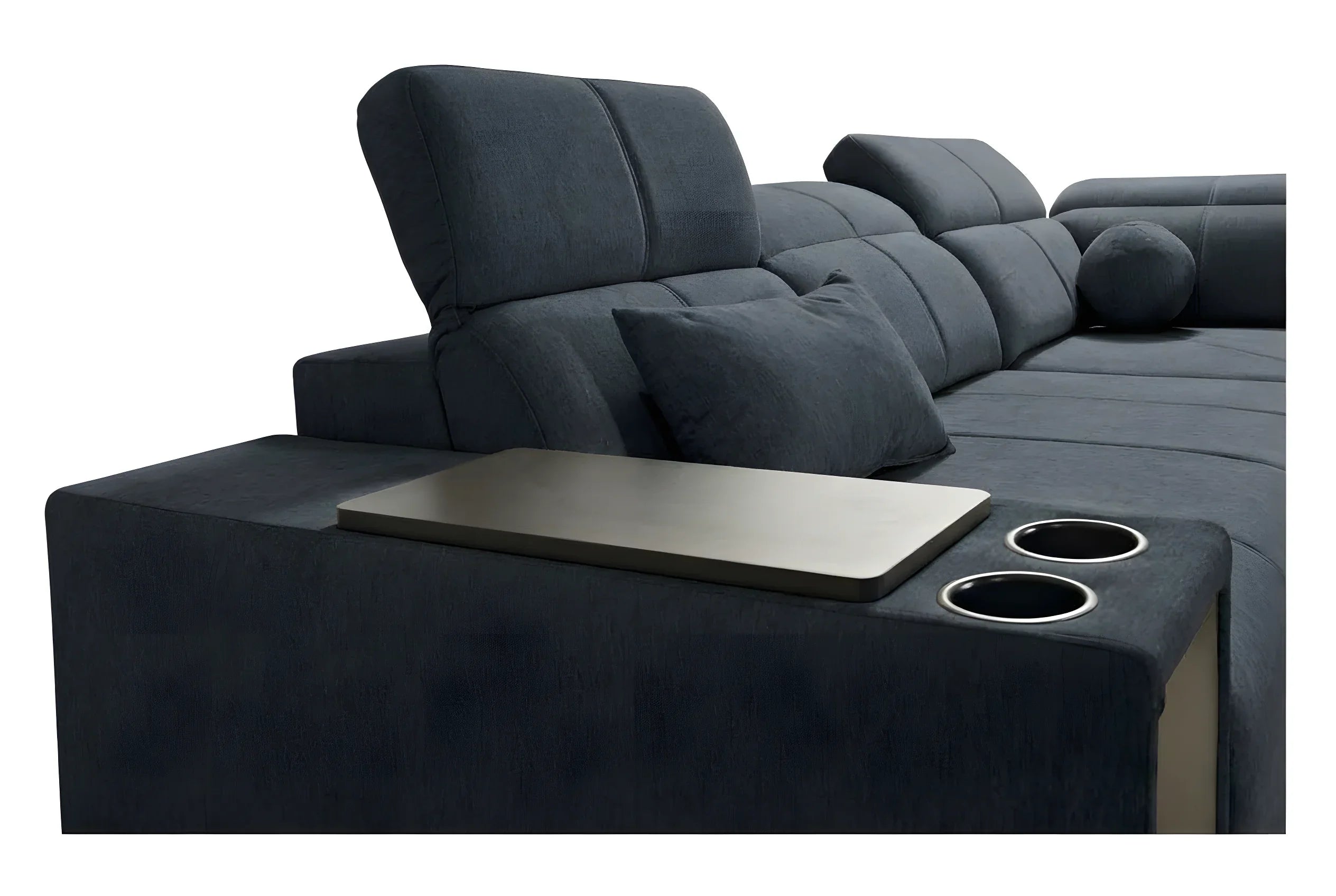 Canapé d'angle en tissu bleu foncé avec table intégrée, deux porte-gobelets et coussins pour salon