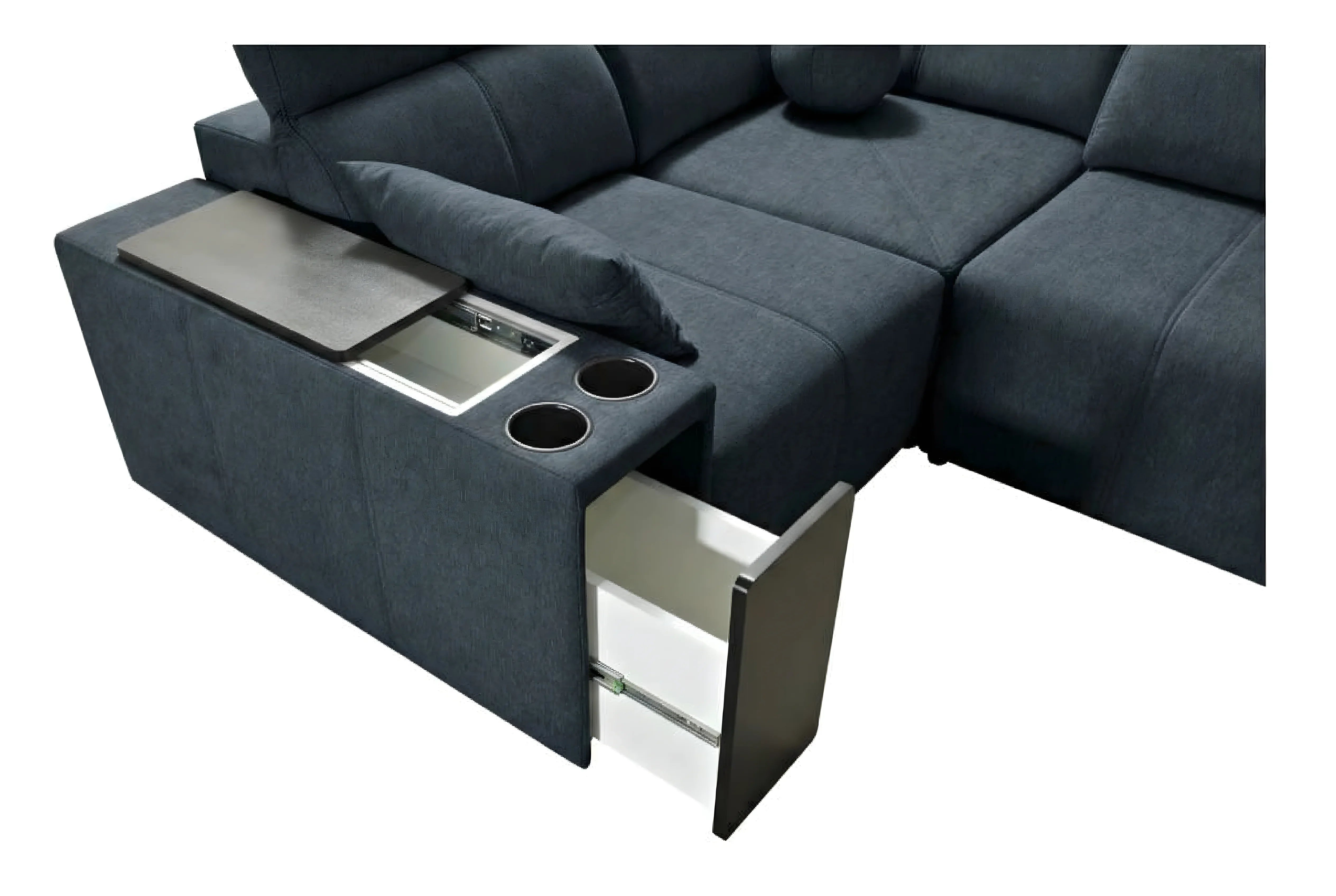 Canapé d'angle en tissu gris anthracite avec accoudoir et tiroir de rangement intégré, porte-gobelets, design moderne, intérieur