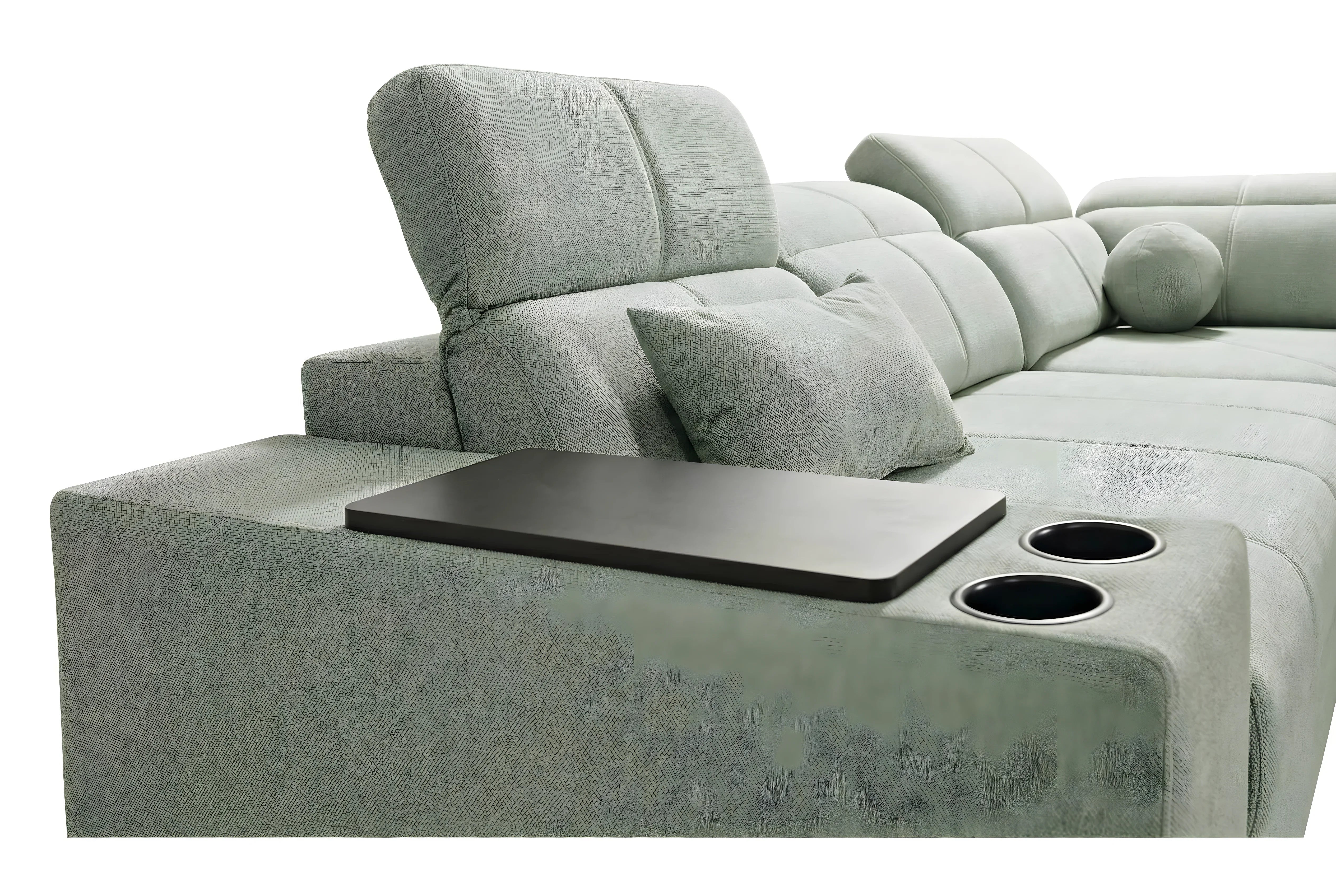 Canapé d'angle en tissu gris clair avec table intégrée et porte-gobelets, pour salon moderne