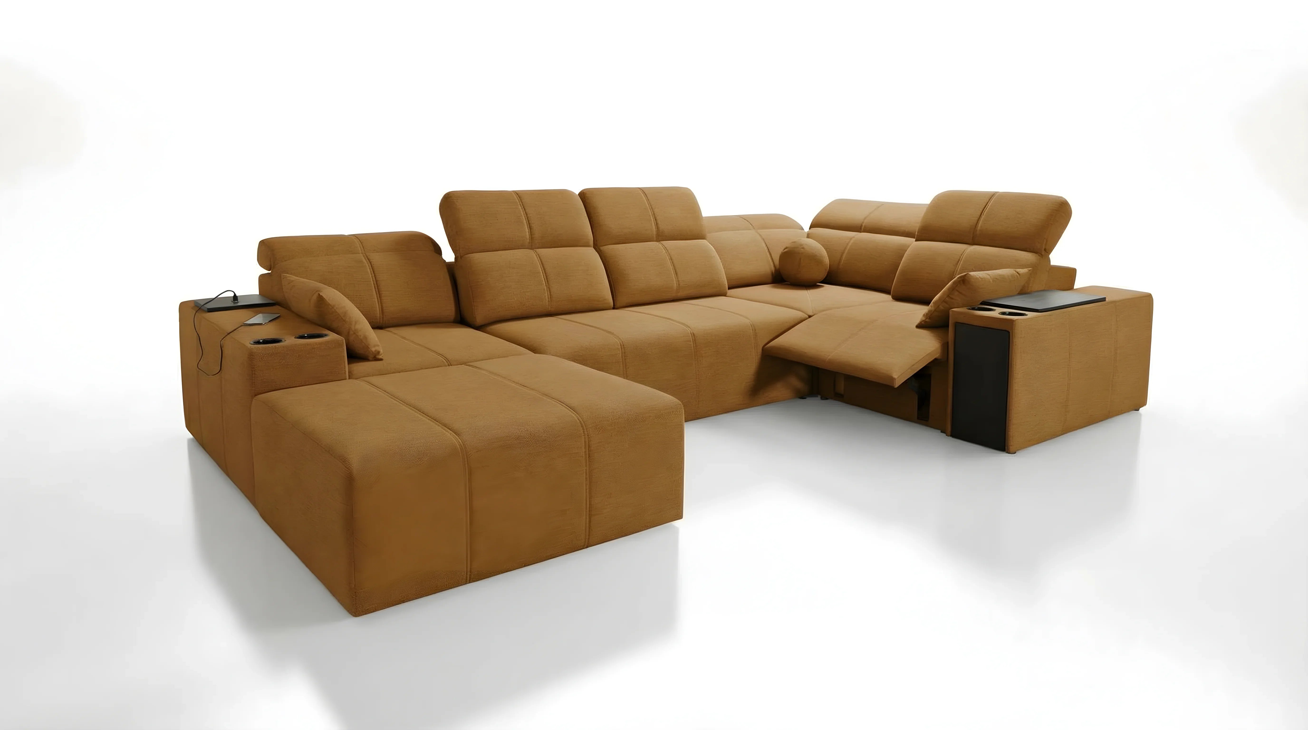 Canapé d'angle en tissu marron avec accoudoirs, table intégrée, design moderne, idéal salon