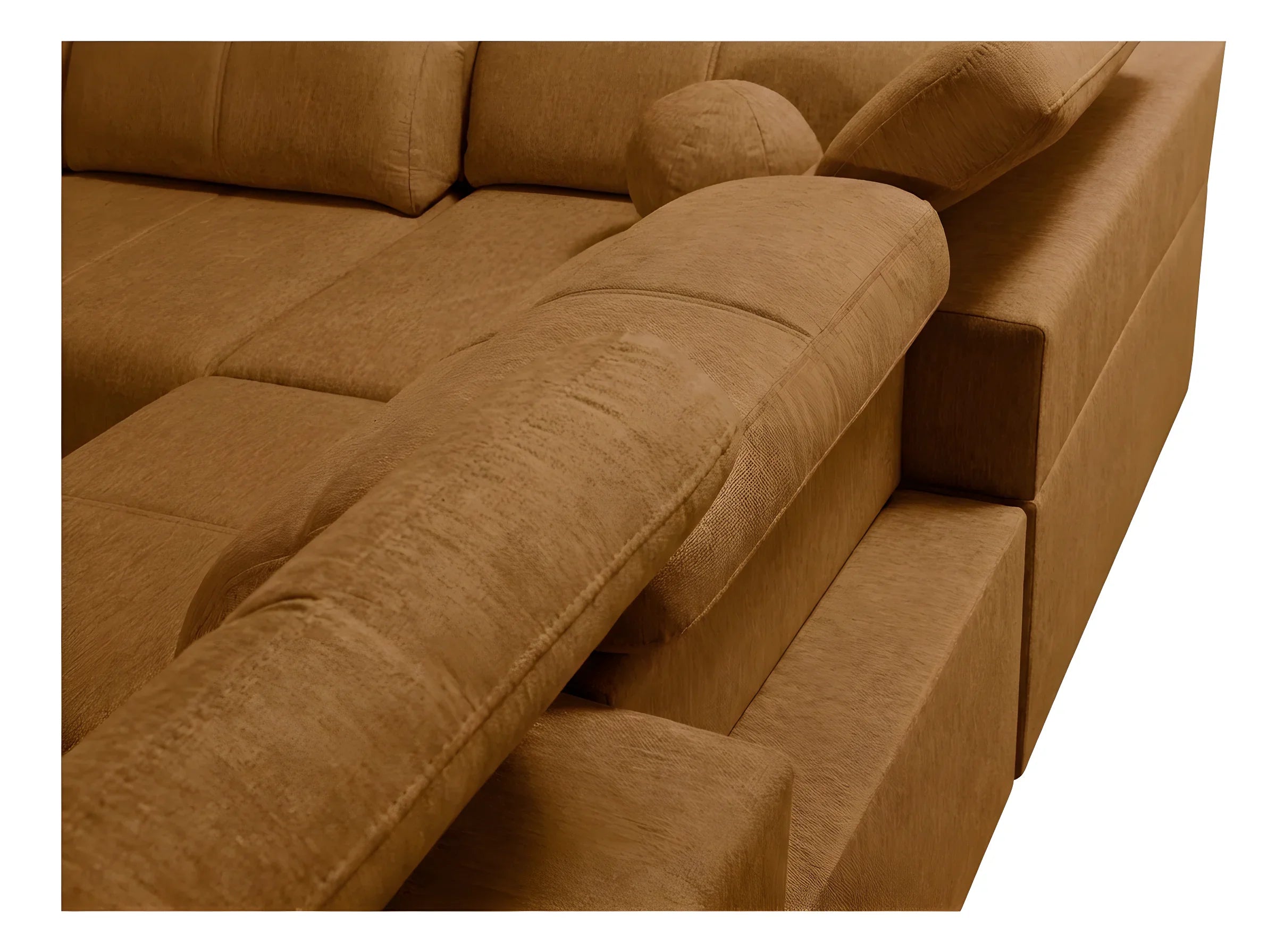 Canapé d'angle marron en tissu texturé, coussins confortables, design modulable, pour salon contemporain