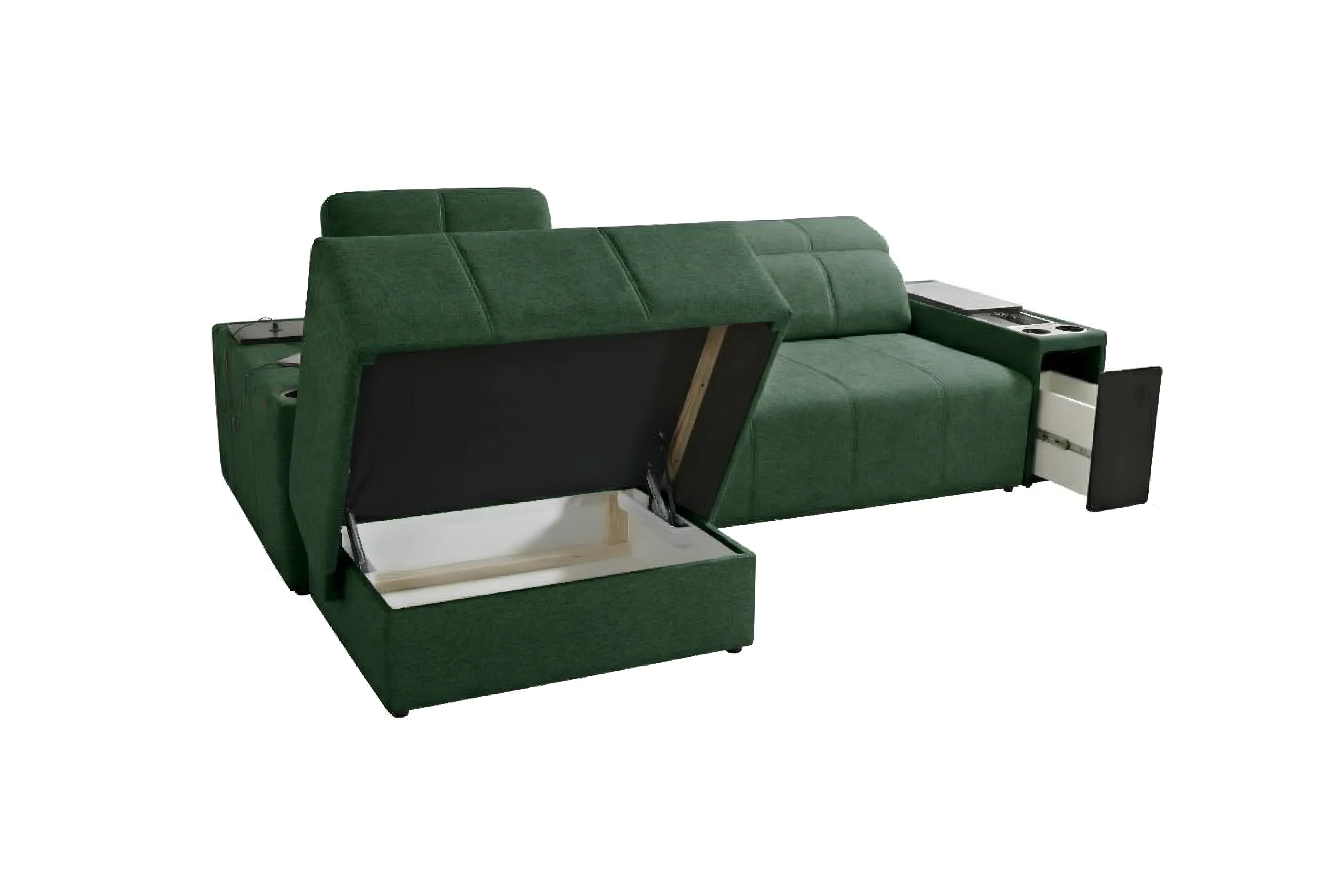 Canapé d'angle vert en tissu avec ouverture de coffre. Idéal pour salon, rangement intégré, design moderne.