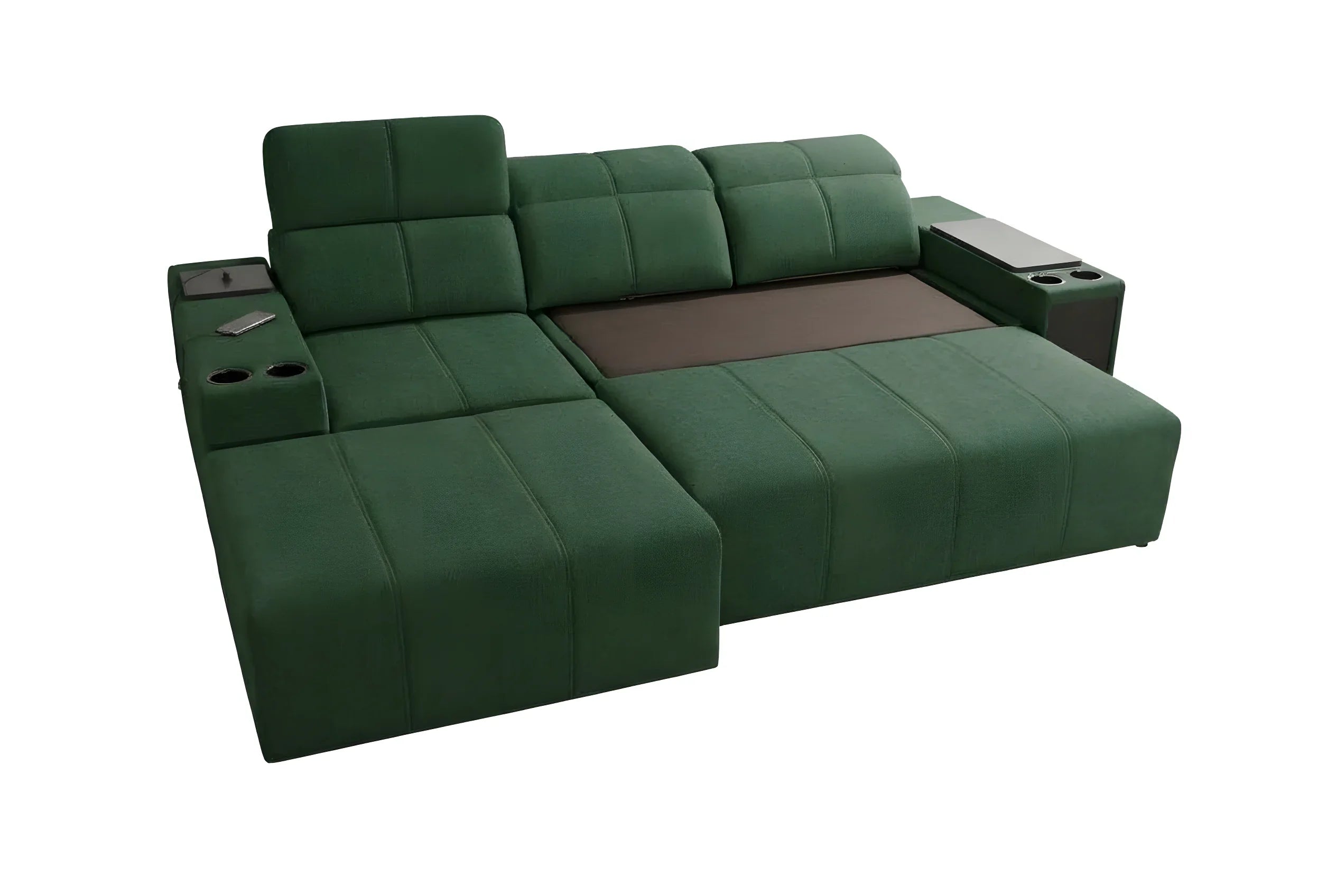 Canapé d'angle vert en tissu avec accoudoirs, porte-gobelets et tablette intégrée, idéal pour salon moderne