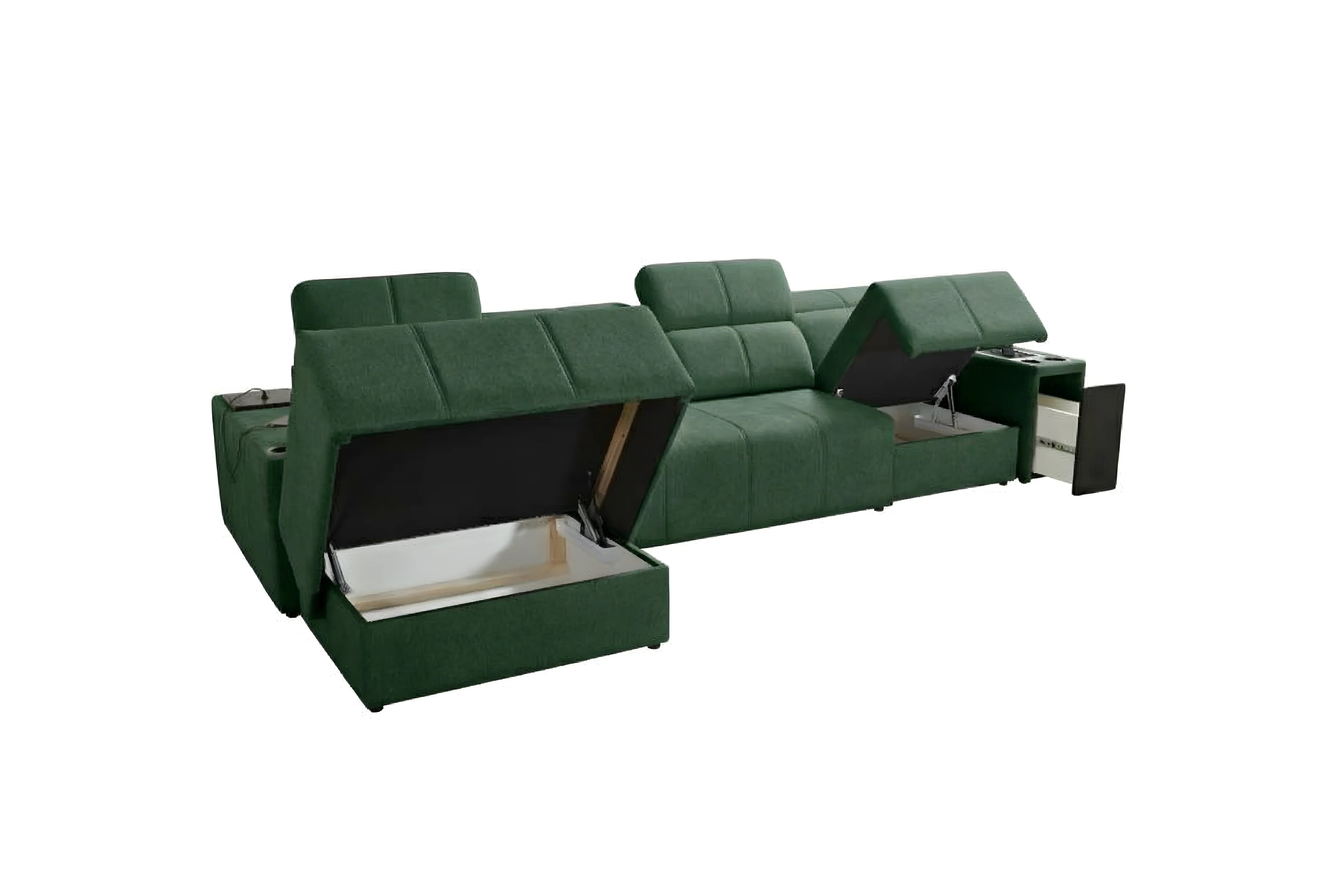 Canapé d'angle vert en tissu avec accoudoirs, coffres de rangement et porte-gobelets, forme en L
