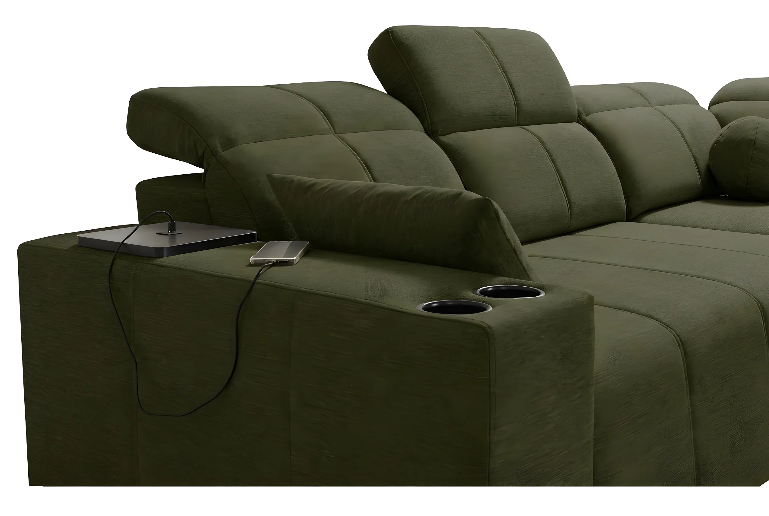 Canapé d'angle vert olive en tissu texturé avec accoudoirs, porte-gobelets intégrés et smartphone en charge