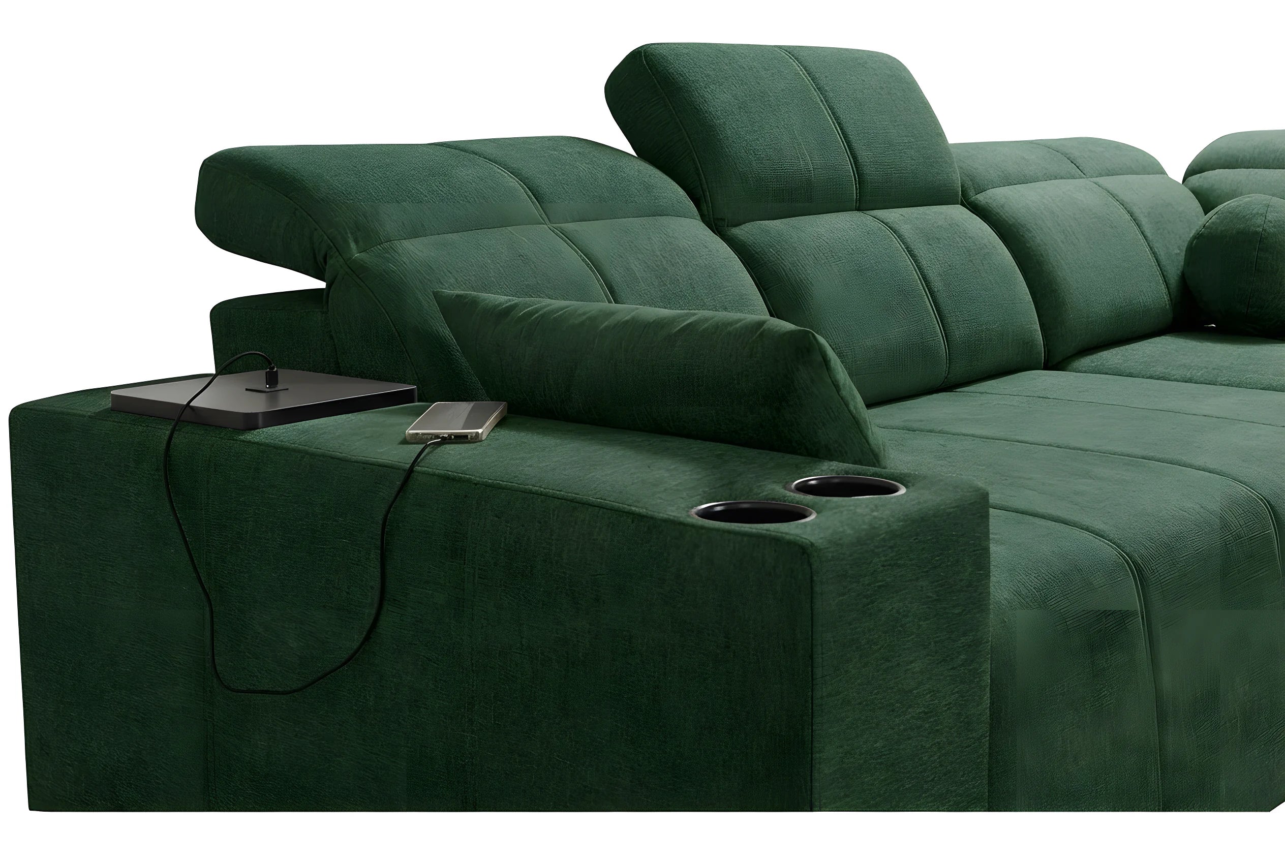Canapé d'angle vert en tissu avec accoudoir, chargeur pour téléphone et deux porte-gobelets noirs pour le salon