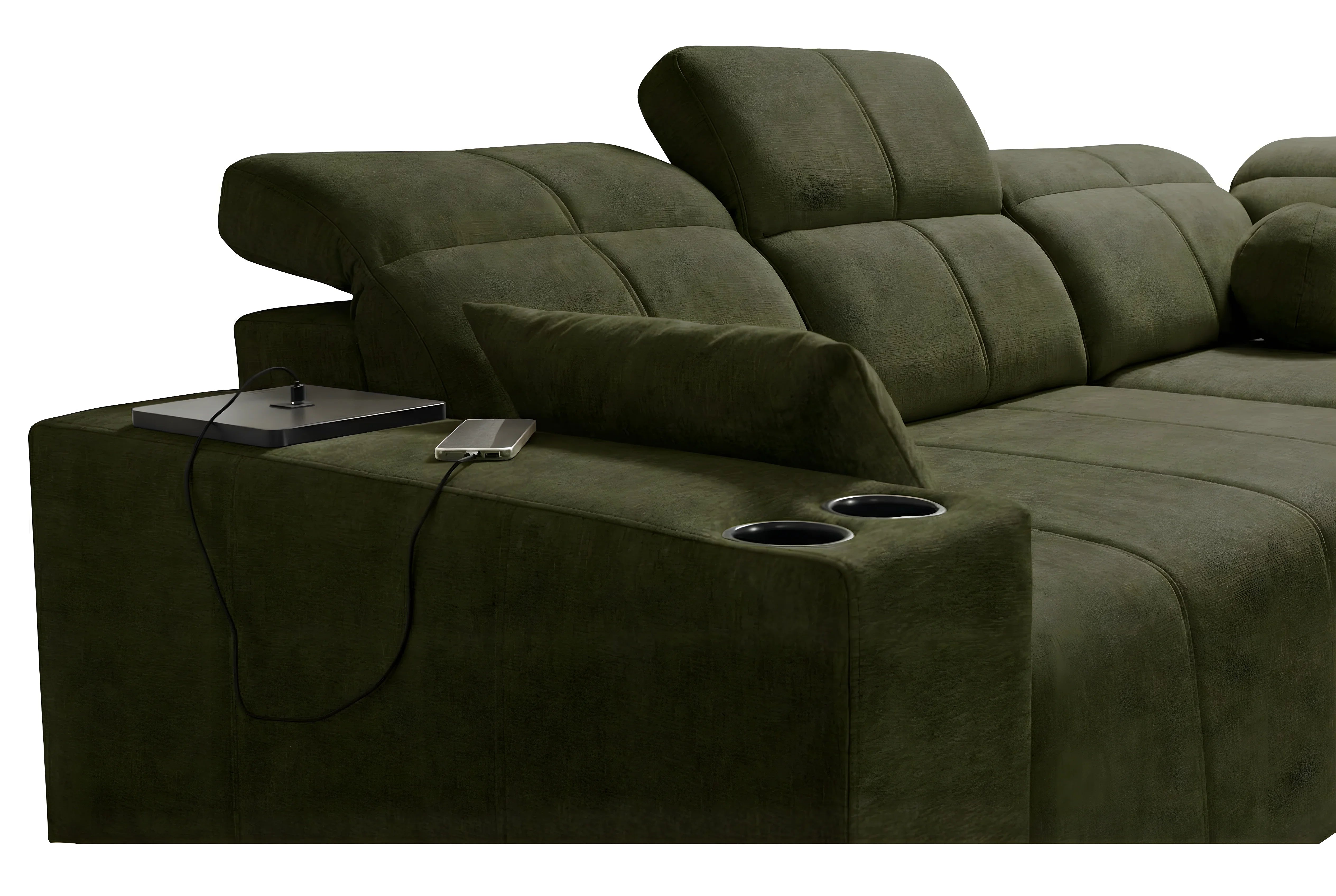 Canapé d'angle vert en tissu avec accoudoirs, porte-gobelets, smartphone et recharge électrique, pour salon moderne
