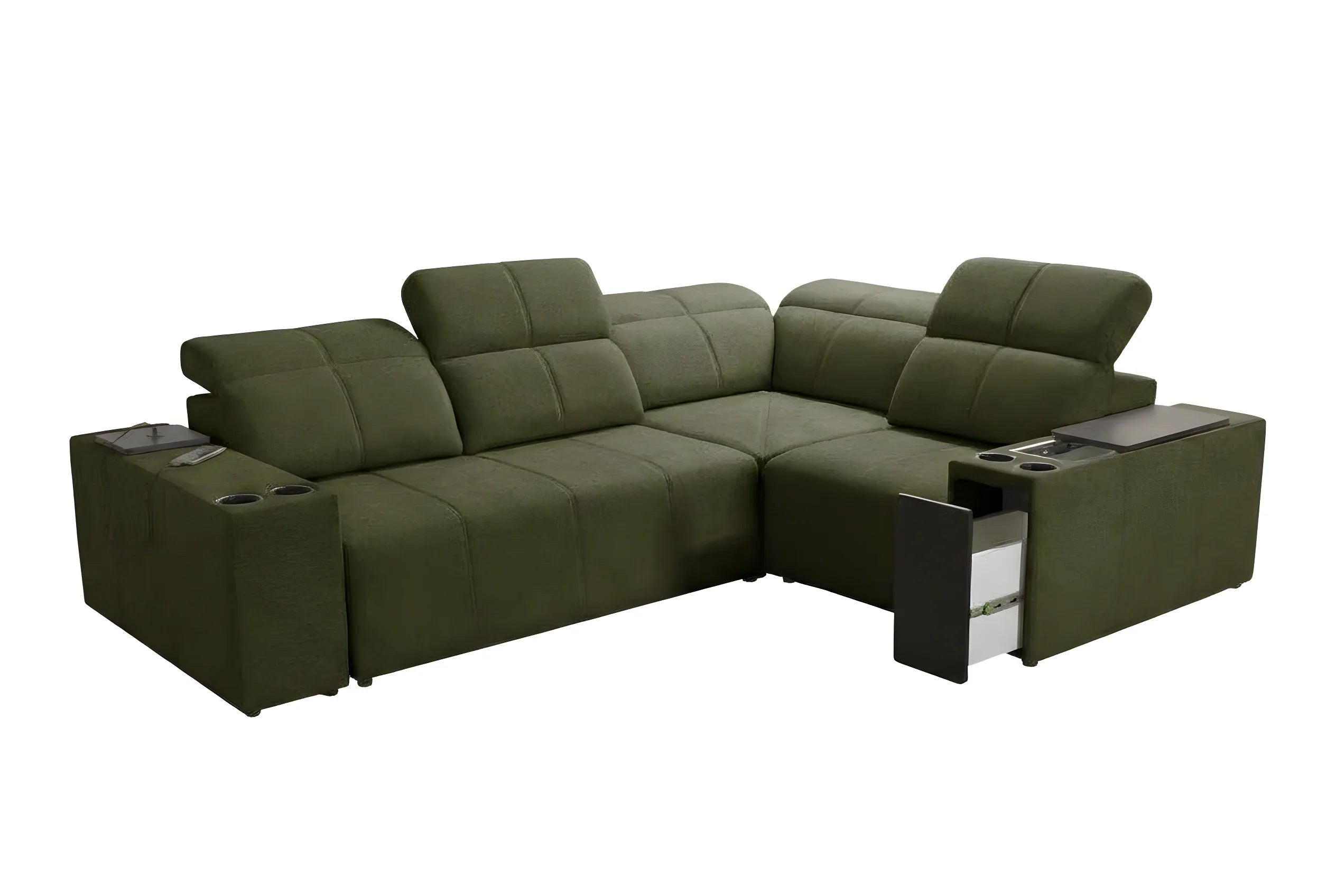 Canapé d'angle vert en tissu avec accoudoirs, porte-gobelets intégrés, table et tiroirs, parfait pour salon moderne