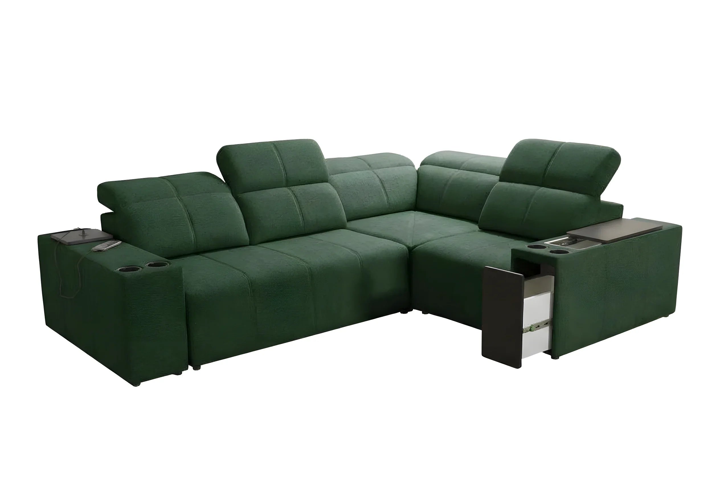 Canapé d'angle vert en tissu capitonné, avec accoudoirs, porte-gobelets, tiroirs, idéal salon moderne