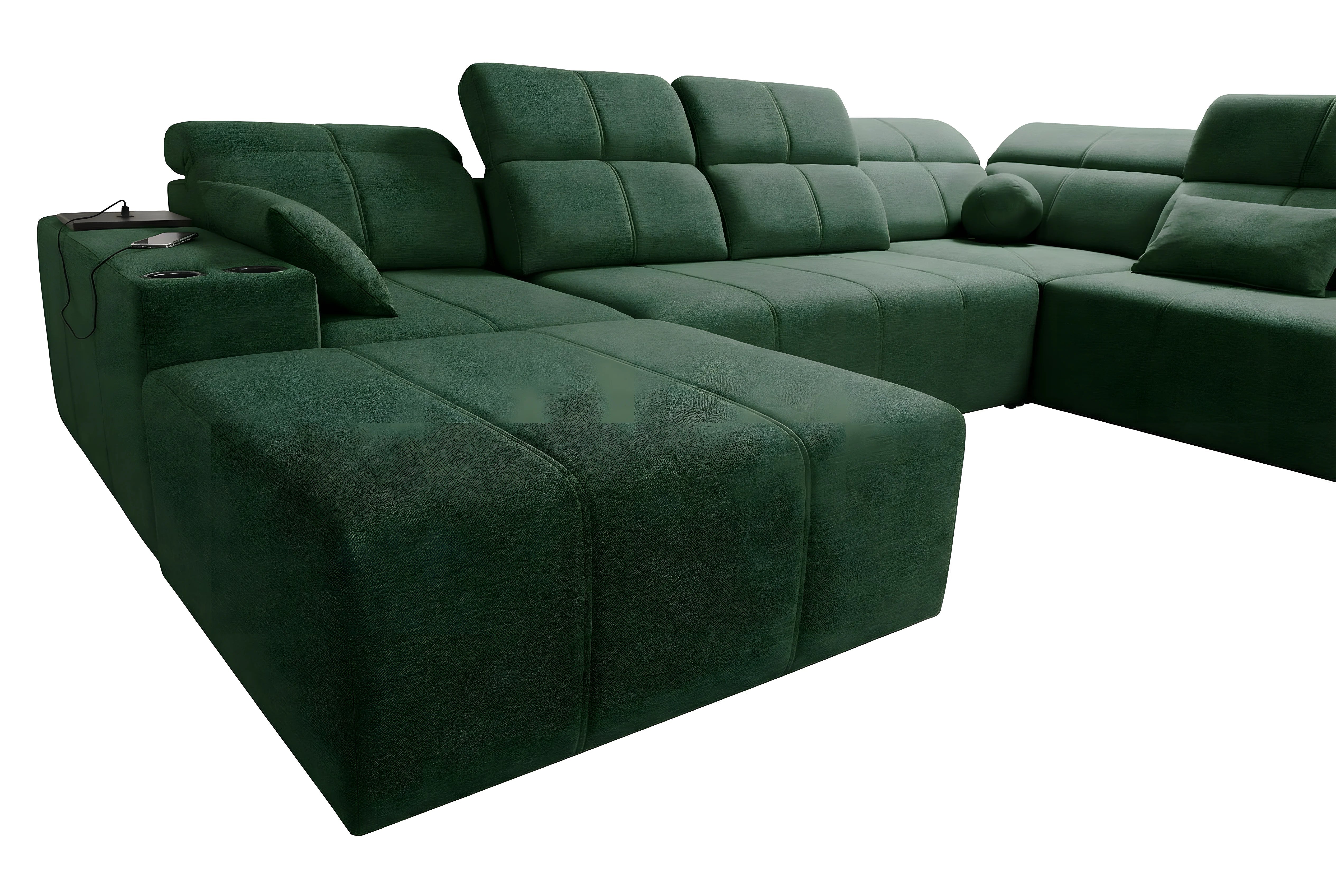Canapé d'angle vert en tissu luxueux, forme contemporaine, avec accoudoir intégrant prises USB et porte-gobelets, pour salon moderne