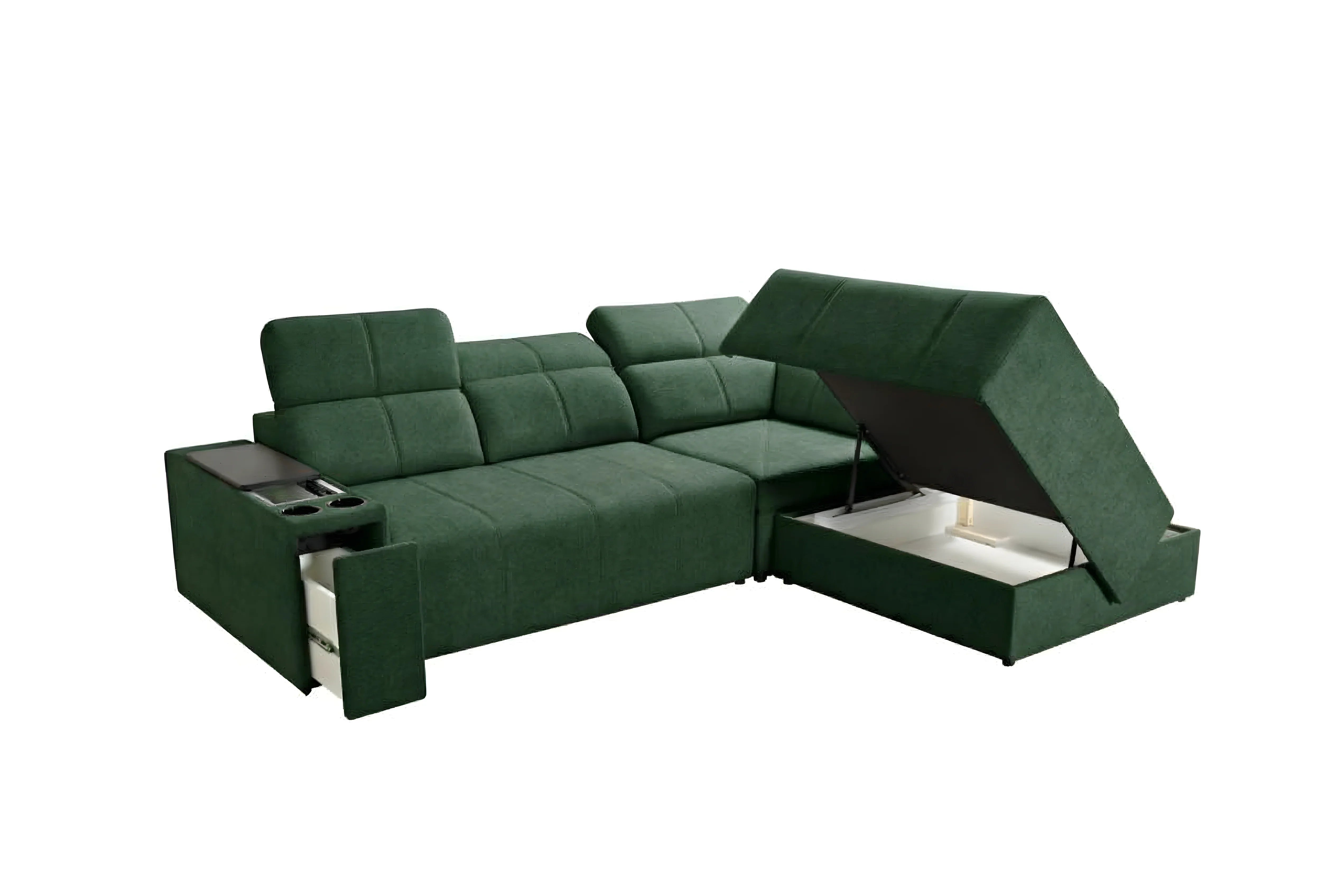 Canapé d'angle vert en tissu avec accoudoir, porte-gobelets, rangement intégré, idéal salon, design moderne