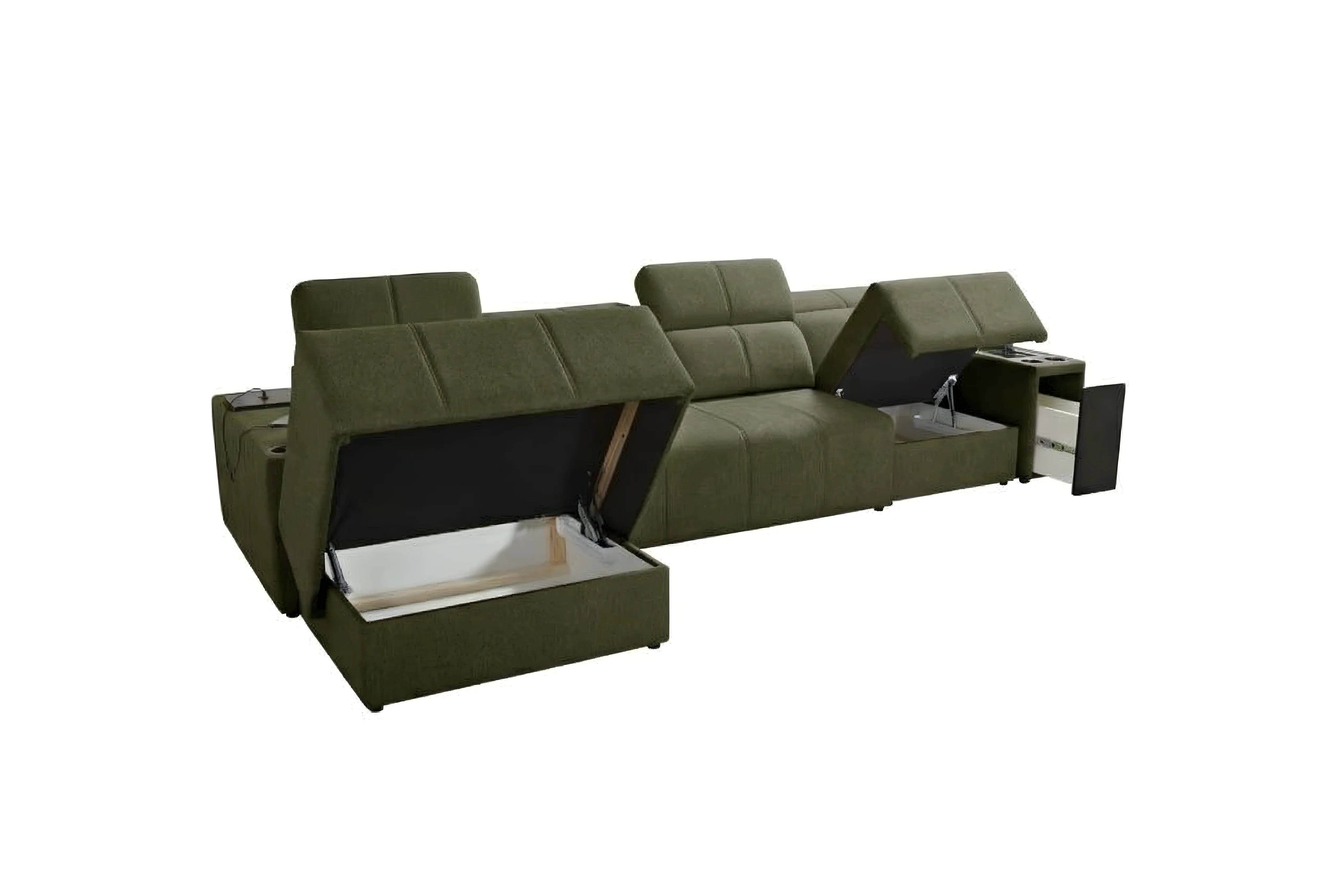 Canapé d'angle vert en tissu, design moderne avec espace de rangement intégré et porte-gobelets, idéal pour salon