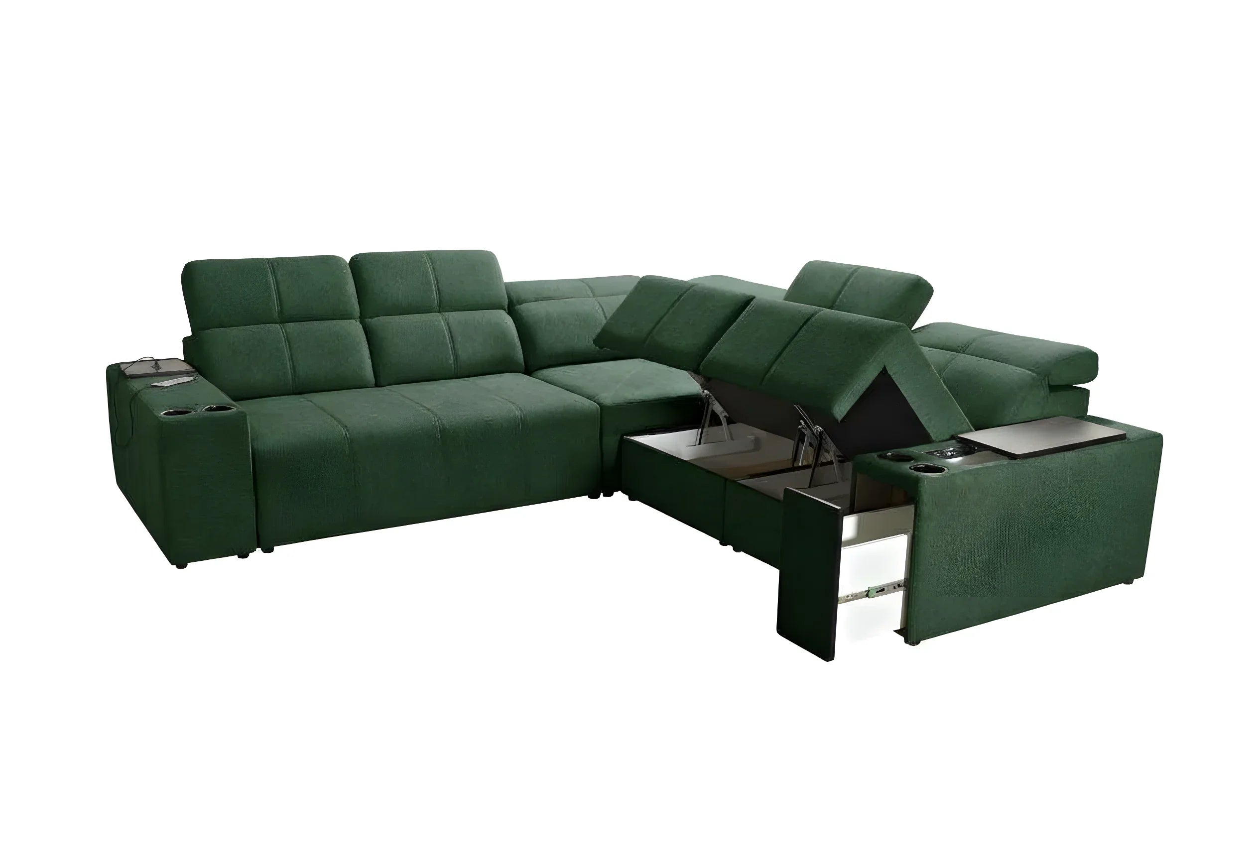 Canapé d'angle vert en tissu avec coussins, accoudoirs, porte-gobelets et rangements, pour salon moderne