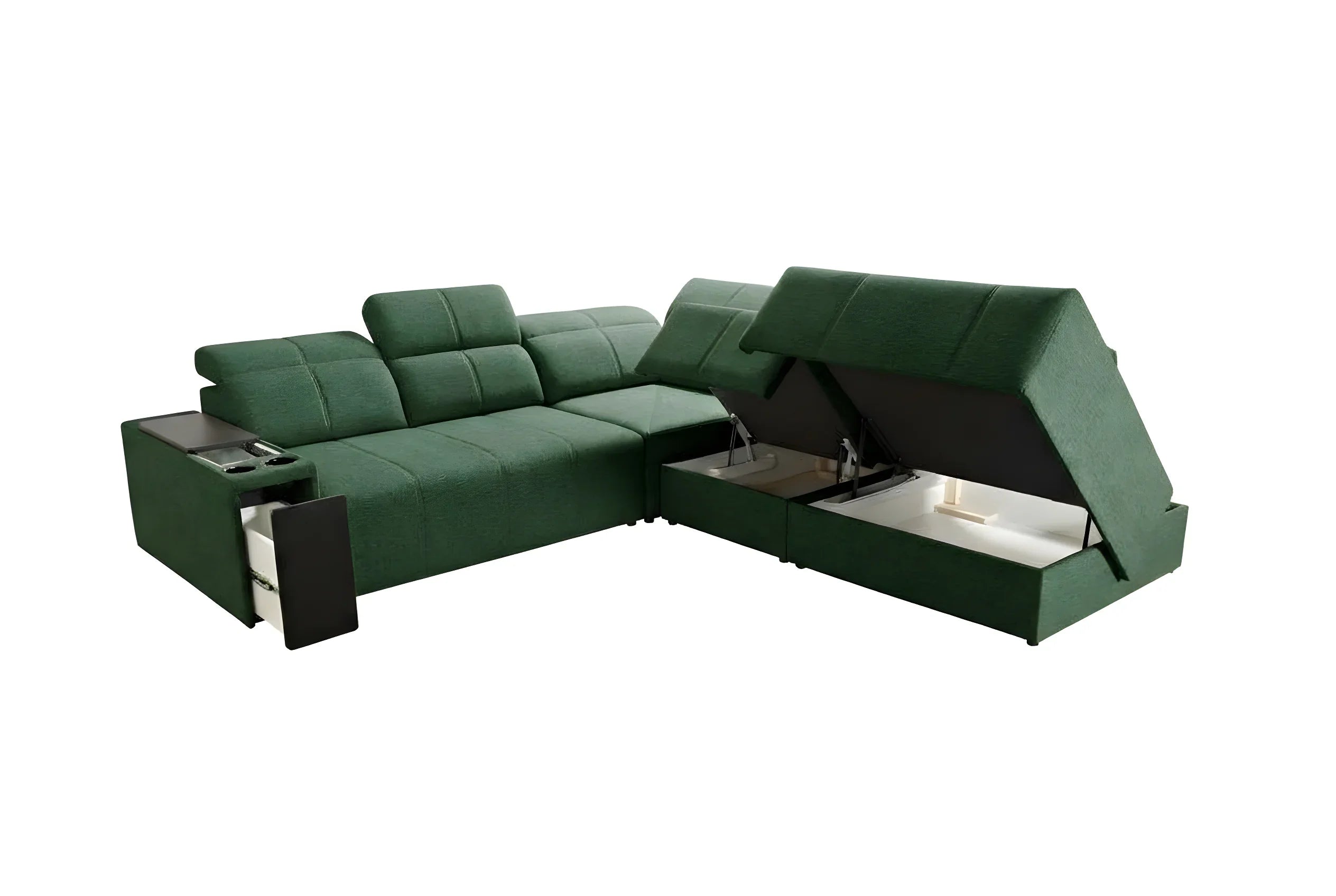 Canapé d'angle vert en tissu avec accoudoirs, coffre de rangement, idéal pour un salon moderne, vue de face, sur fond blanc.