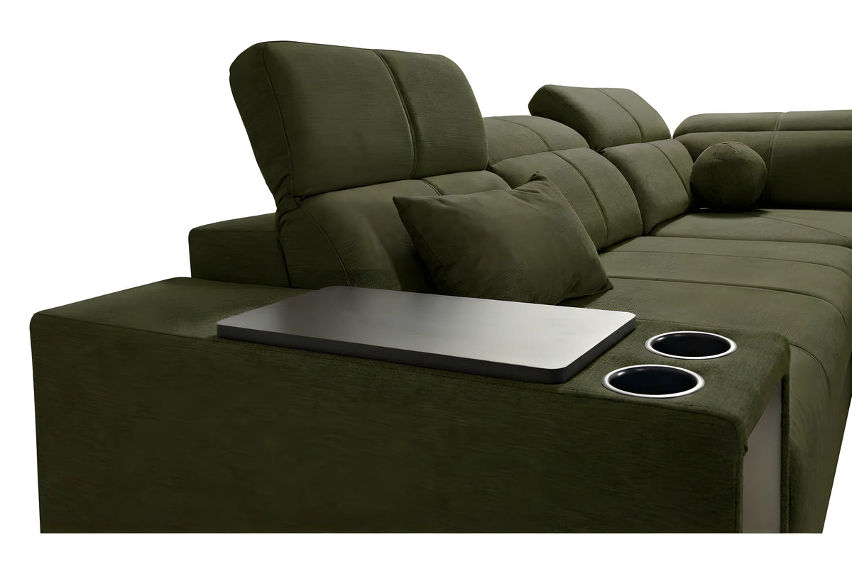 Canapé d'angle vert en tissu avec table intégrée, accoudoir, coussins et porte-gobelets, pour salon moderne