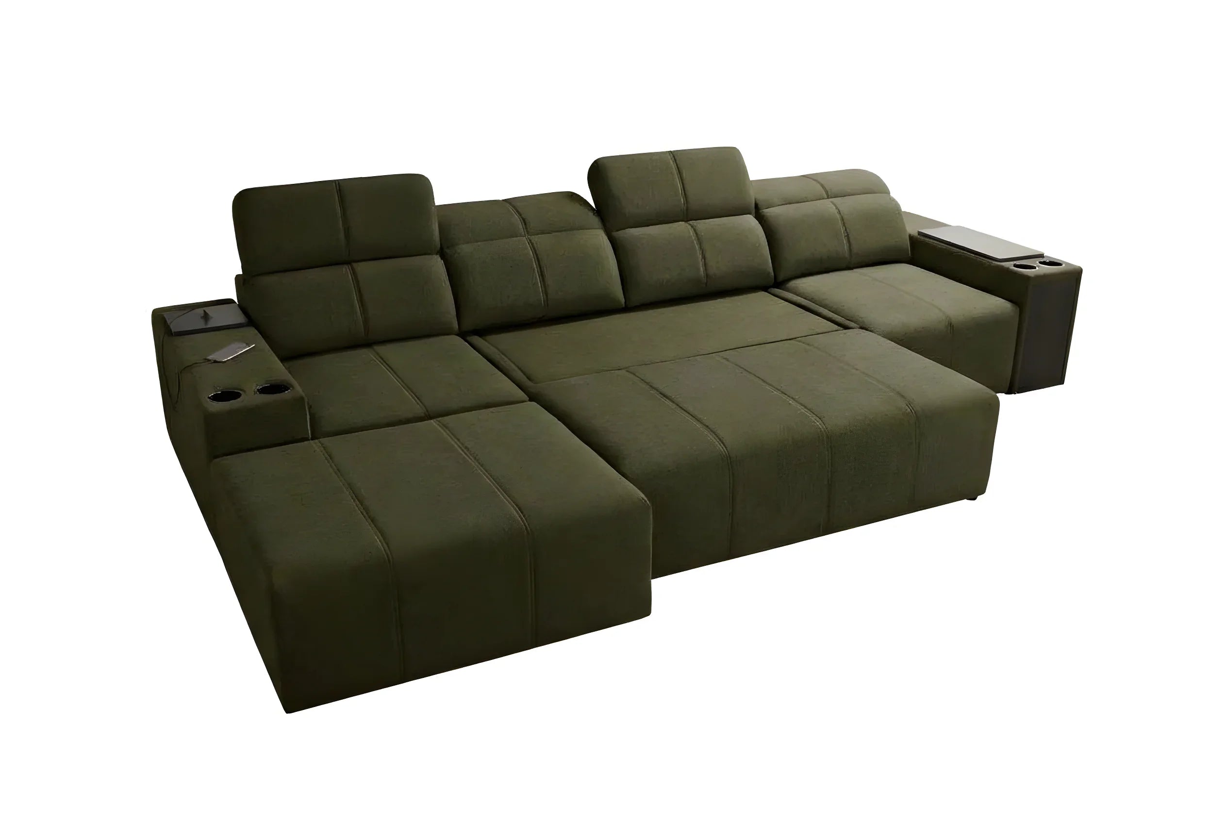 Canapé d'angle vert en tissu avec accoudoirs, porte-gobelets et tablettes, idéal salon moderne