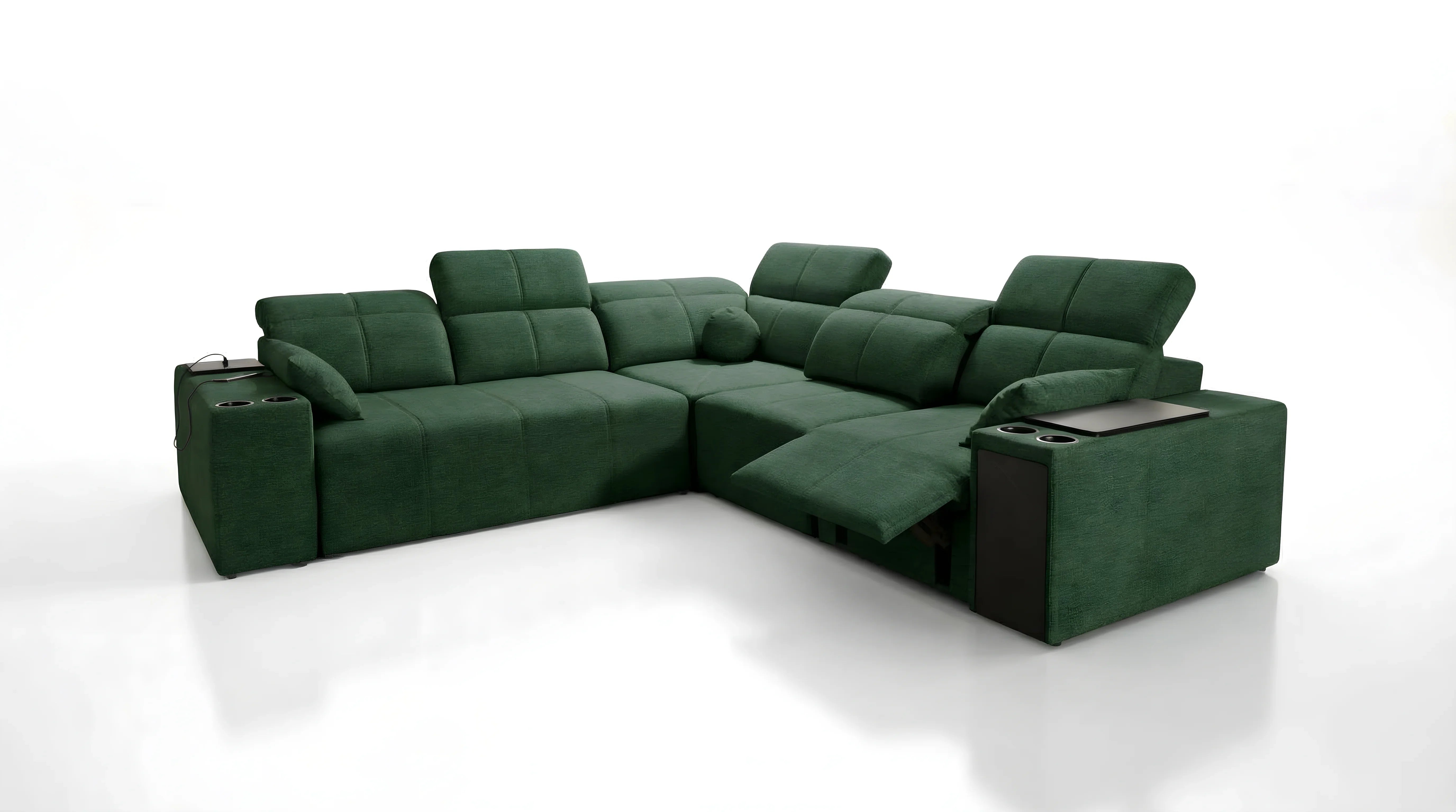 Canapé d'angle vert en tissu, avec porte-gobelets et tablettes, idéal pour salon moderne et détente