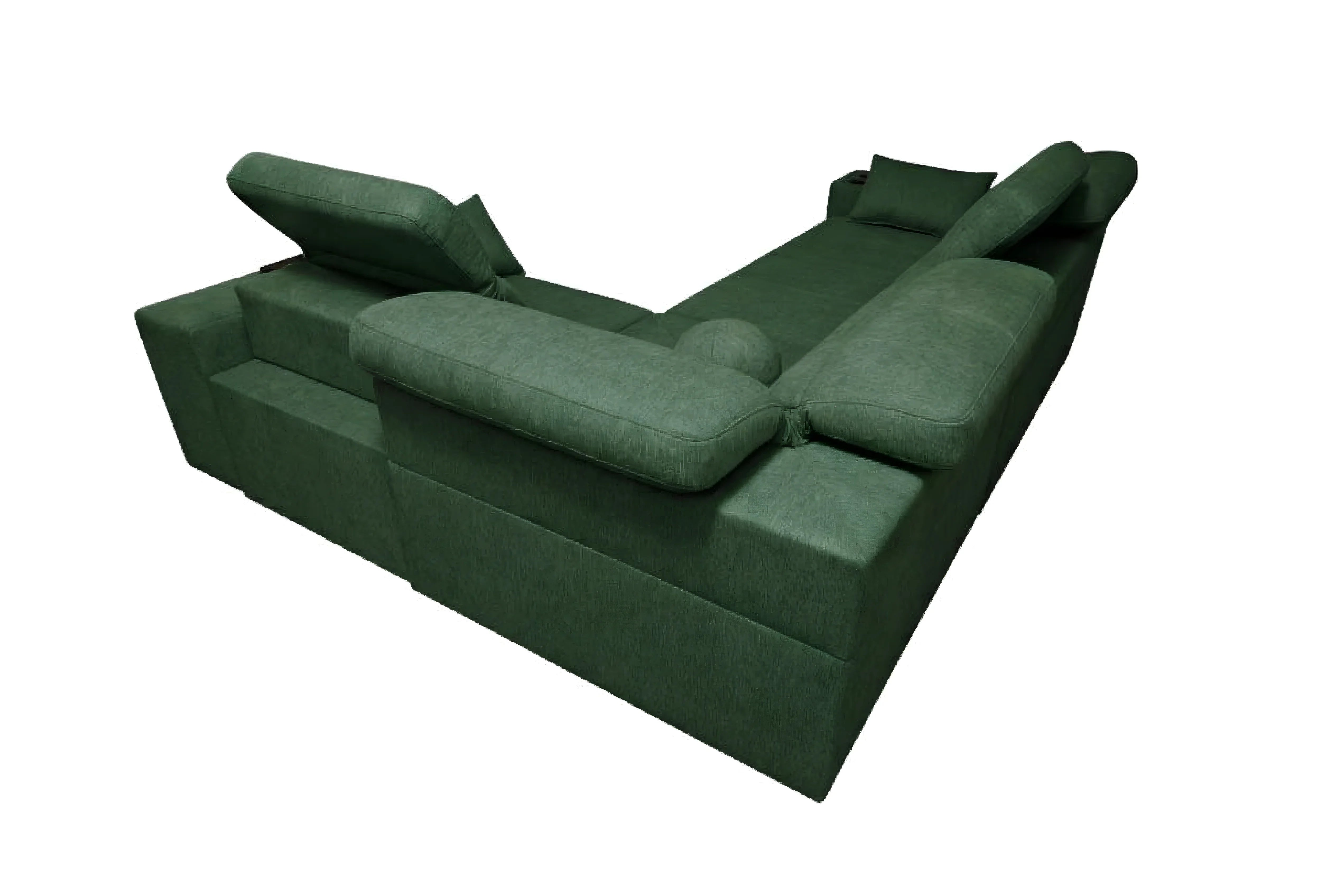 Canapé d'angle vert en tissu texturé. Design moderne et confortable dans un salon. Idéal pour se détendre et recevoir.