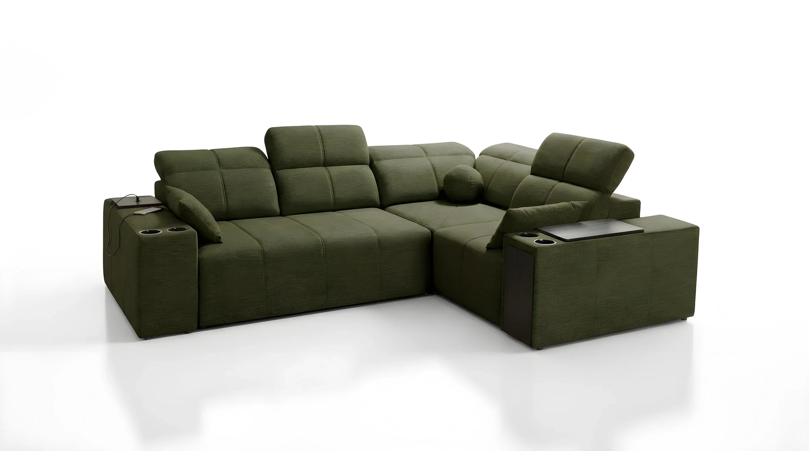 Canapé d'angle vert en tissu texturé, design contemporain avec accoudoirs, porte-gobelets et tablette intégrée, ambiance salon