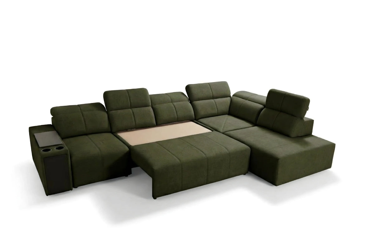 Canapé d'angle vert en tissu, design modulable avec porte-gobelets, pour salon moderne et confortable