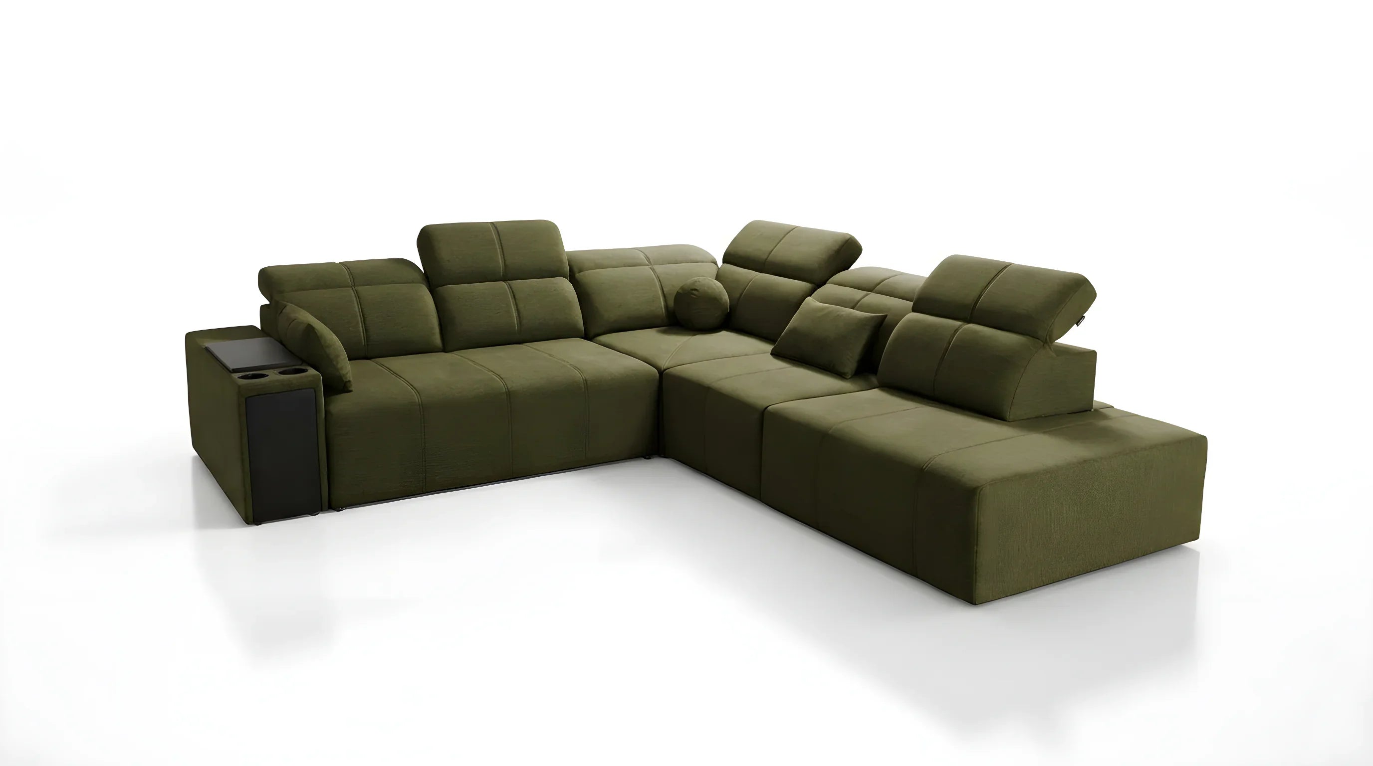 Canapé d'angle vert en tissu avec accoudoir et porte-gobelets, design moderne, idéal salon