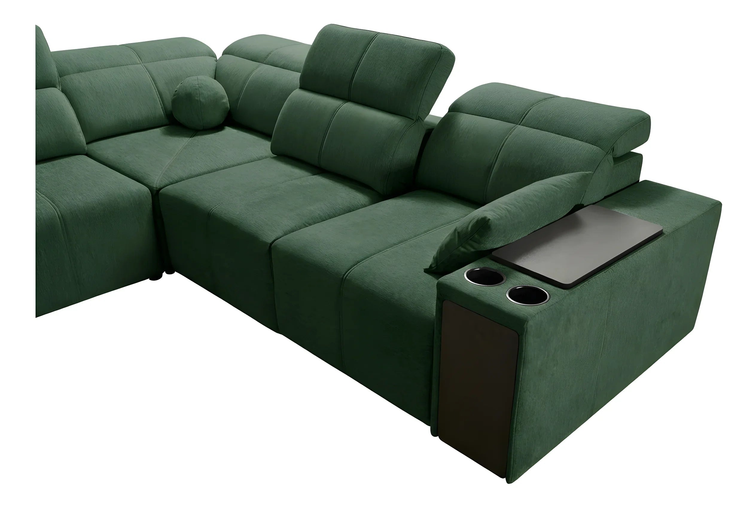 Canapé d'angle vert en tissu, design moderne avec table intégrée et porte-gobelets, idéal salon