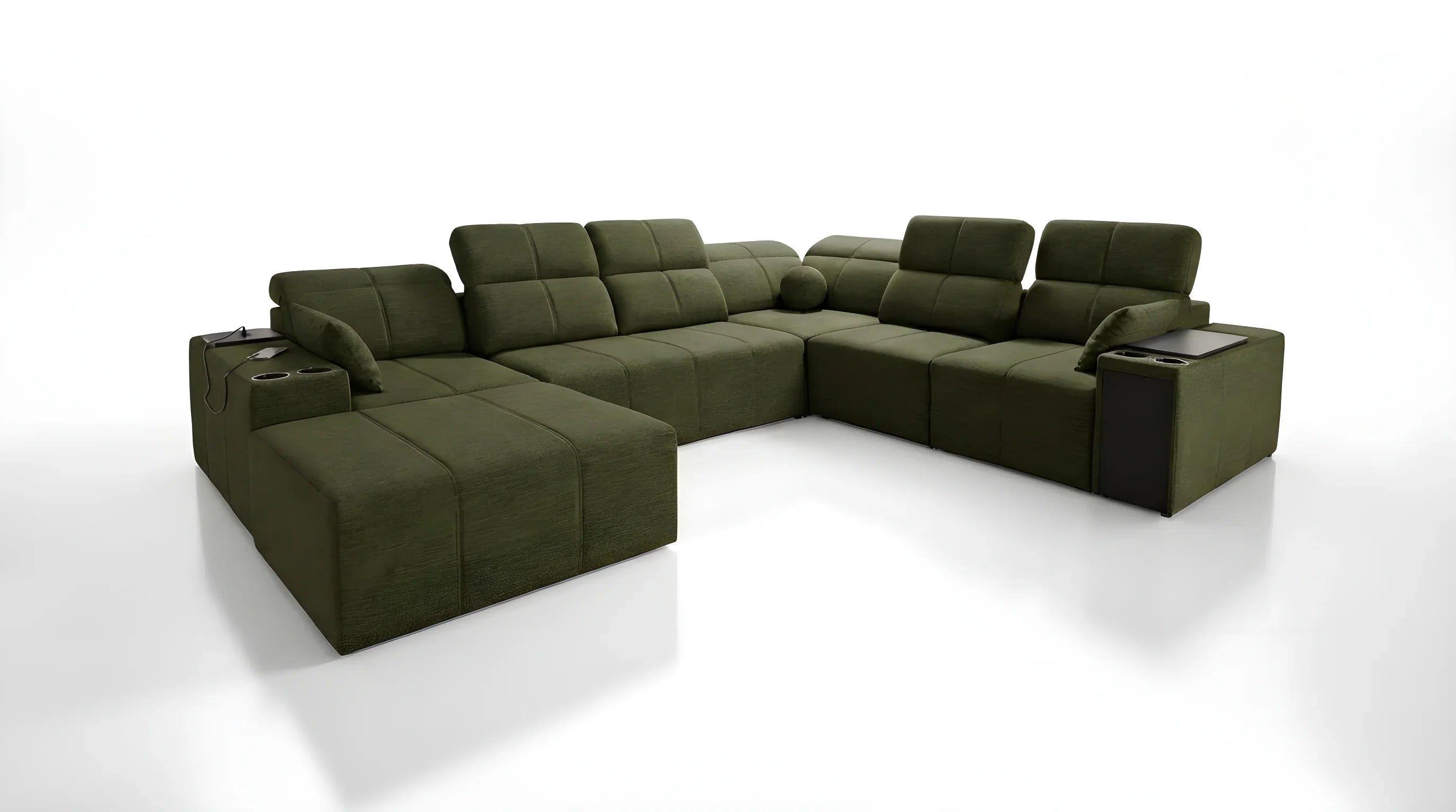 Canapé d'angle vert en tissu, design contemporain et modulable, avec accoudoirs, tablettes et porte-gobelets, pour salon moderne