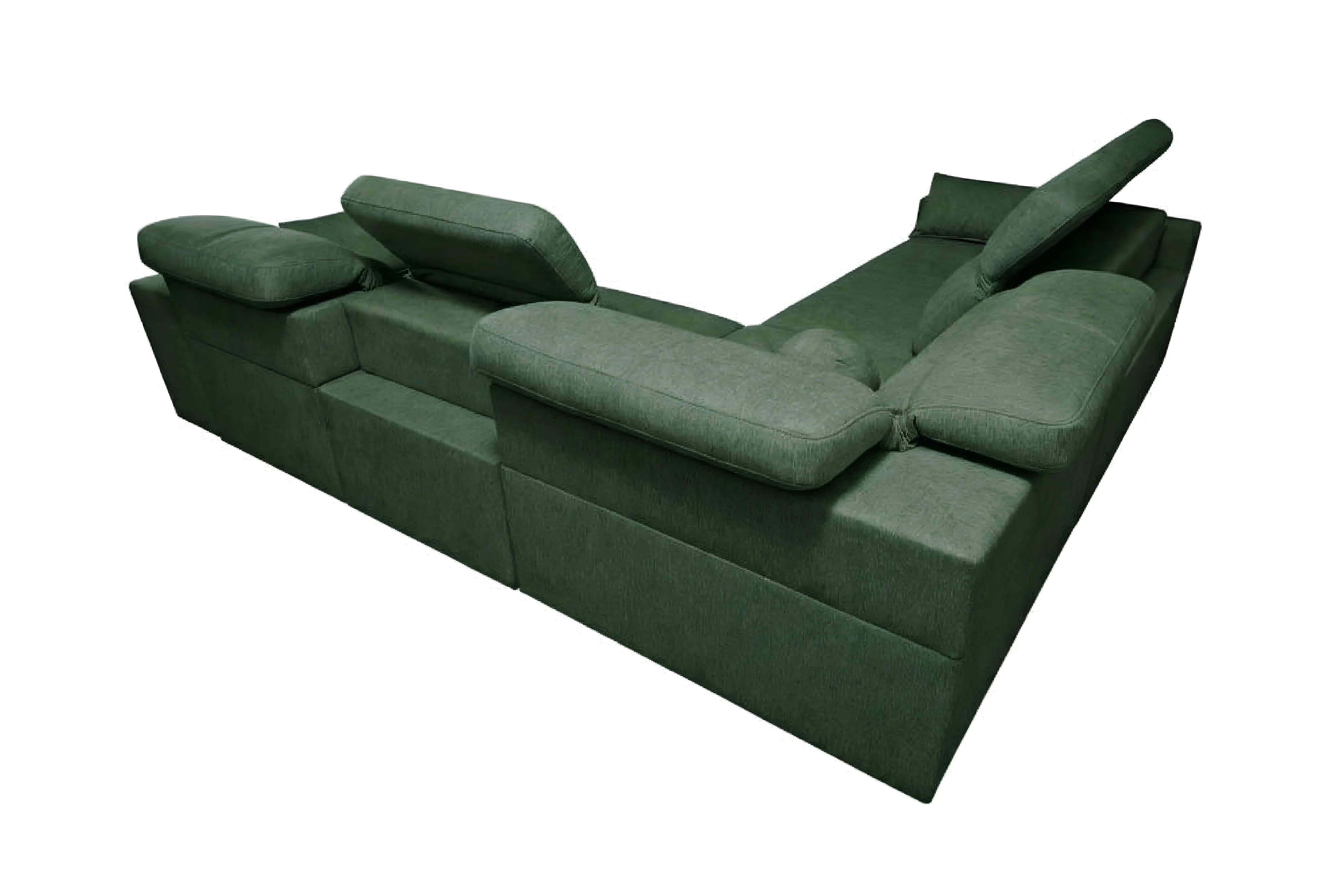 Canapé d'angle vert sombre en tissu texturé, design contemporain pour salon confortable, avec coussins réglables, vue rapprochée