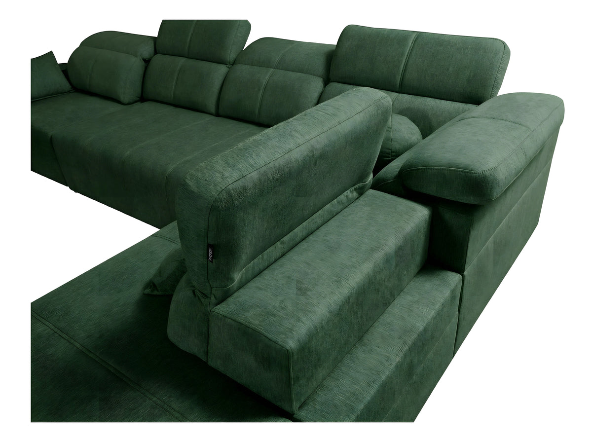 Canapé d'angle vert en tissu texturé, design contemporain. Idéal pour salon, ambiance cosy et élégante.