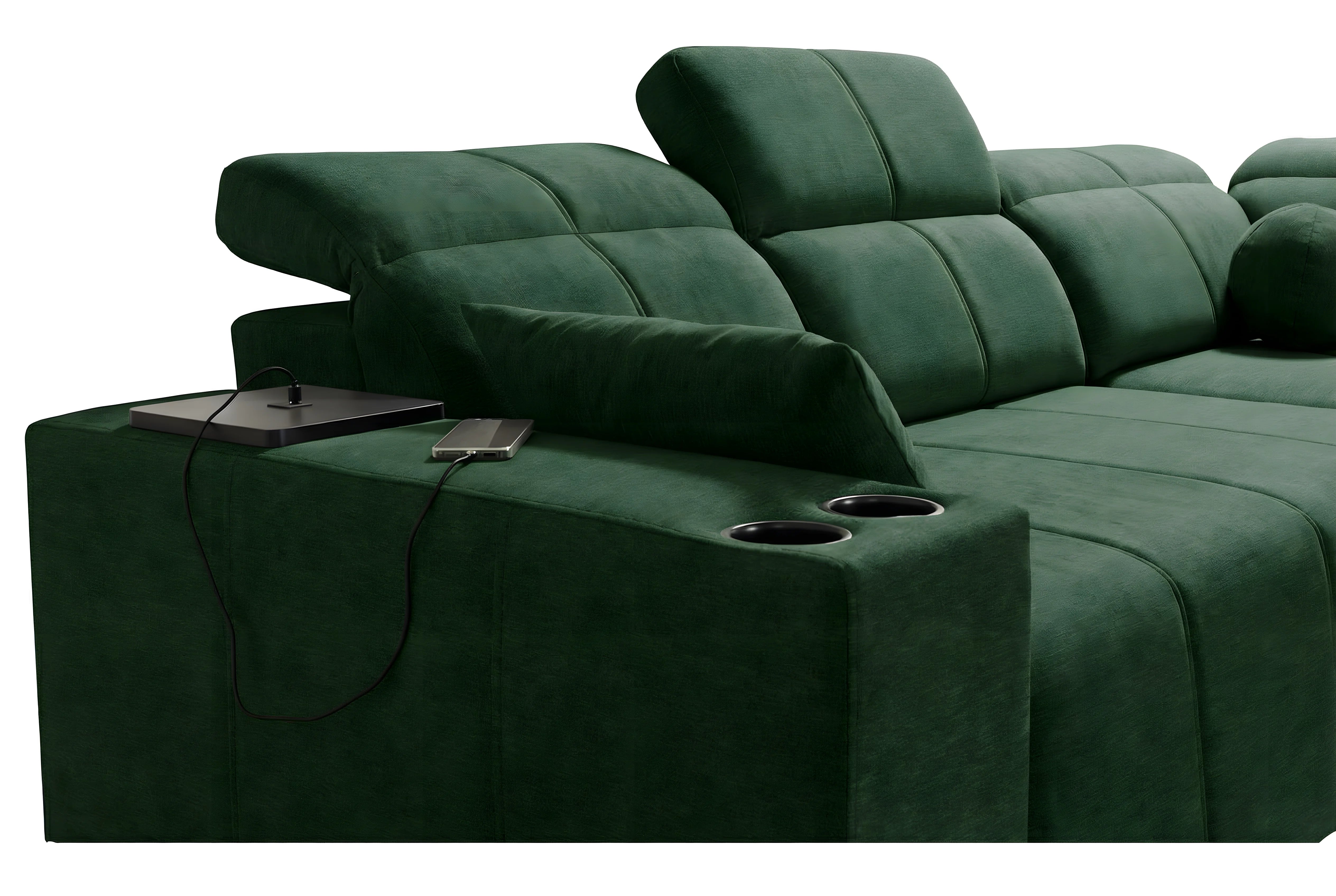 Canapé d'angle vert en velours avec accoudoir, chargeur pour téléphone et deux porte-gobelets intégrés en métal