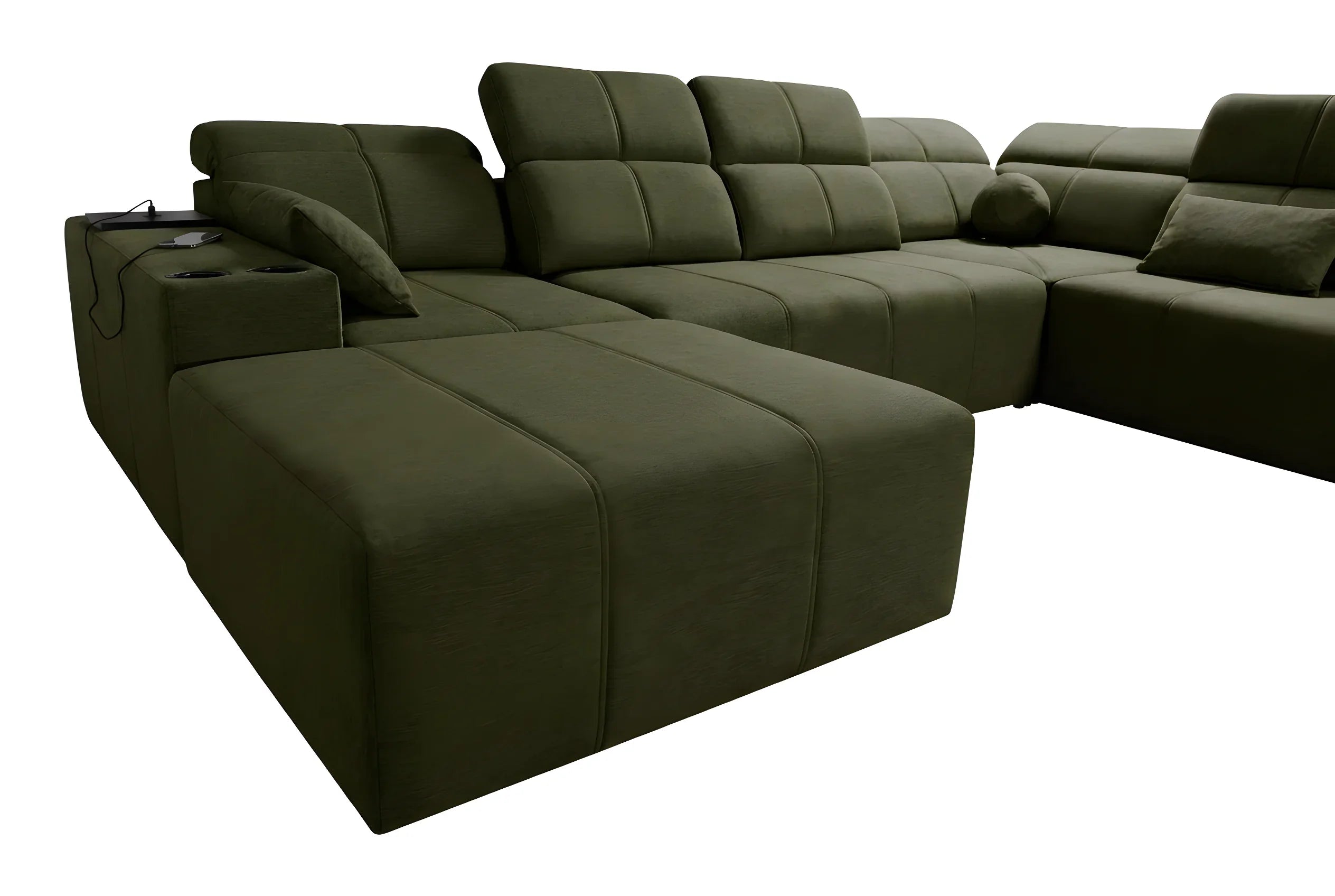 Canapé d'angle vert olive en tissu avec accoudoir, oreillers, et porte-gobelets, pour salon moderne