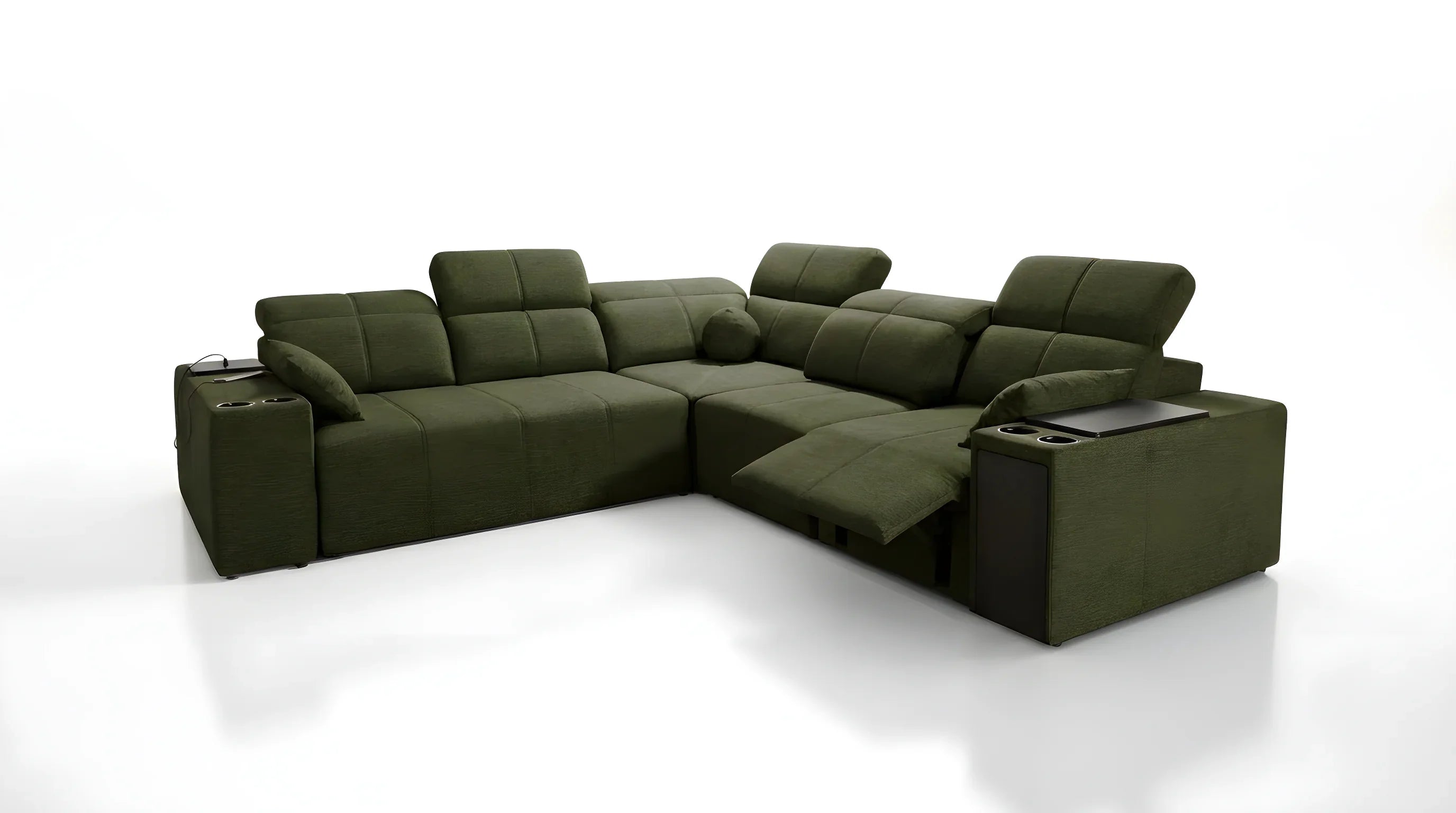 Canapé d'angle vert olive en tissu avec accoudoirs, porte-gobelets et table basse intégrée, design moderne