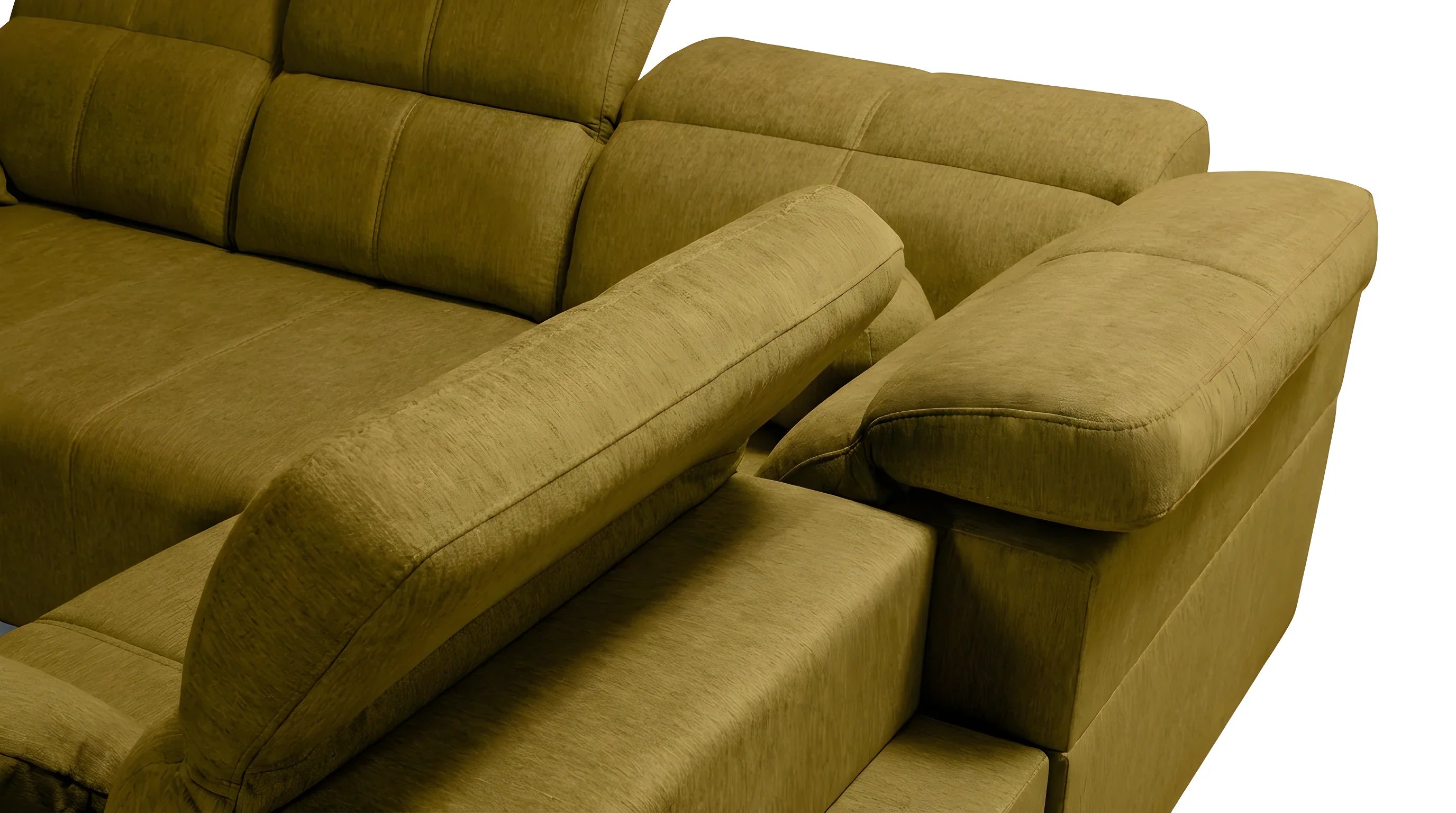 Canapé d'angle en tissu vert olive avec accoudoirs, idéal pour salon moderne, texture détaillée