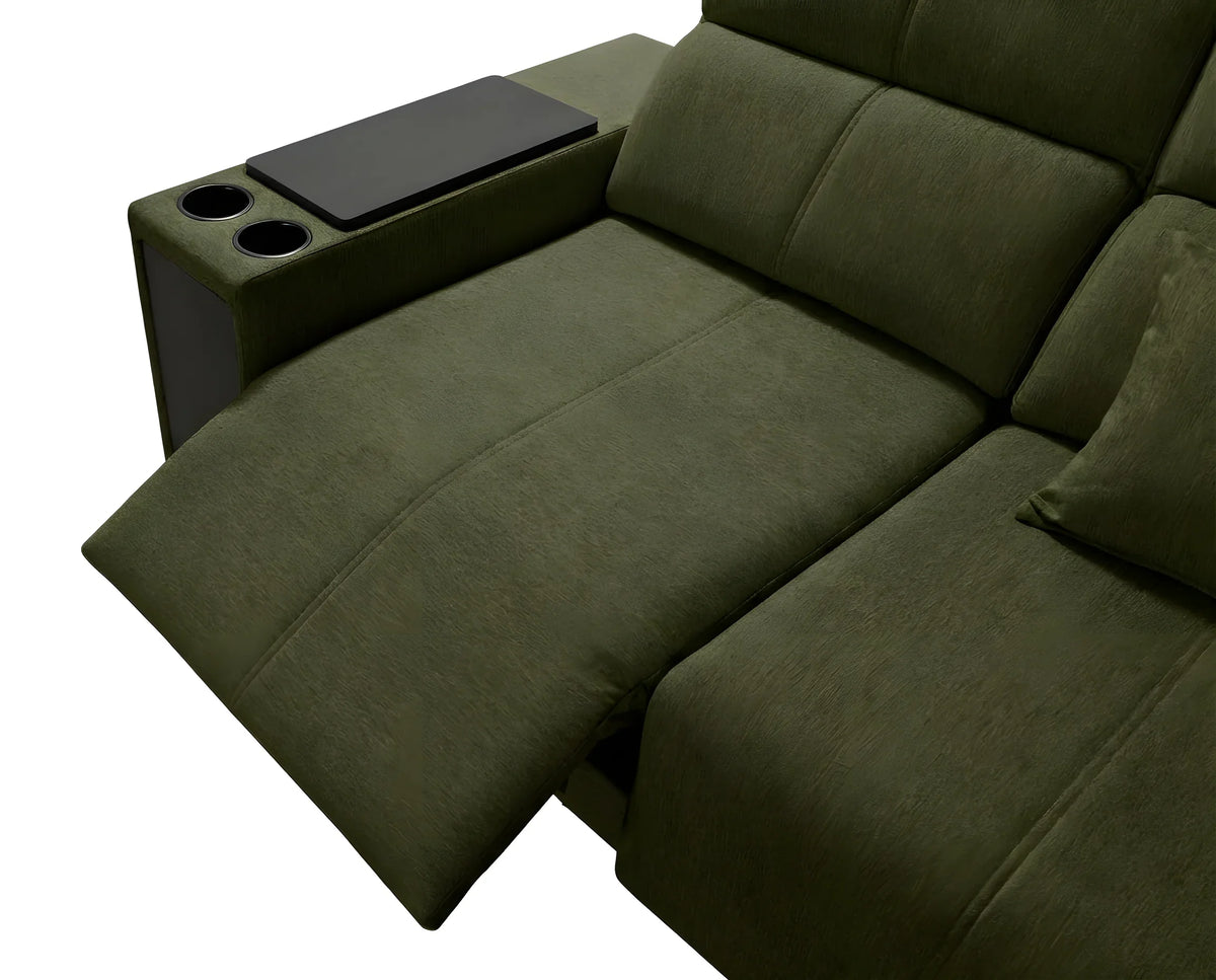 Canapé 2 places vert olive en tissu avec table intégrée, 2 porte-gobelets et assise inclinable, vue rapprochée