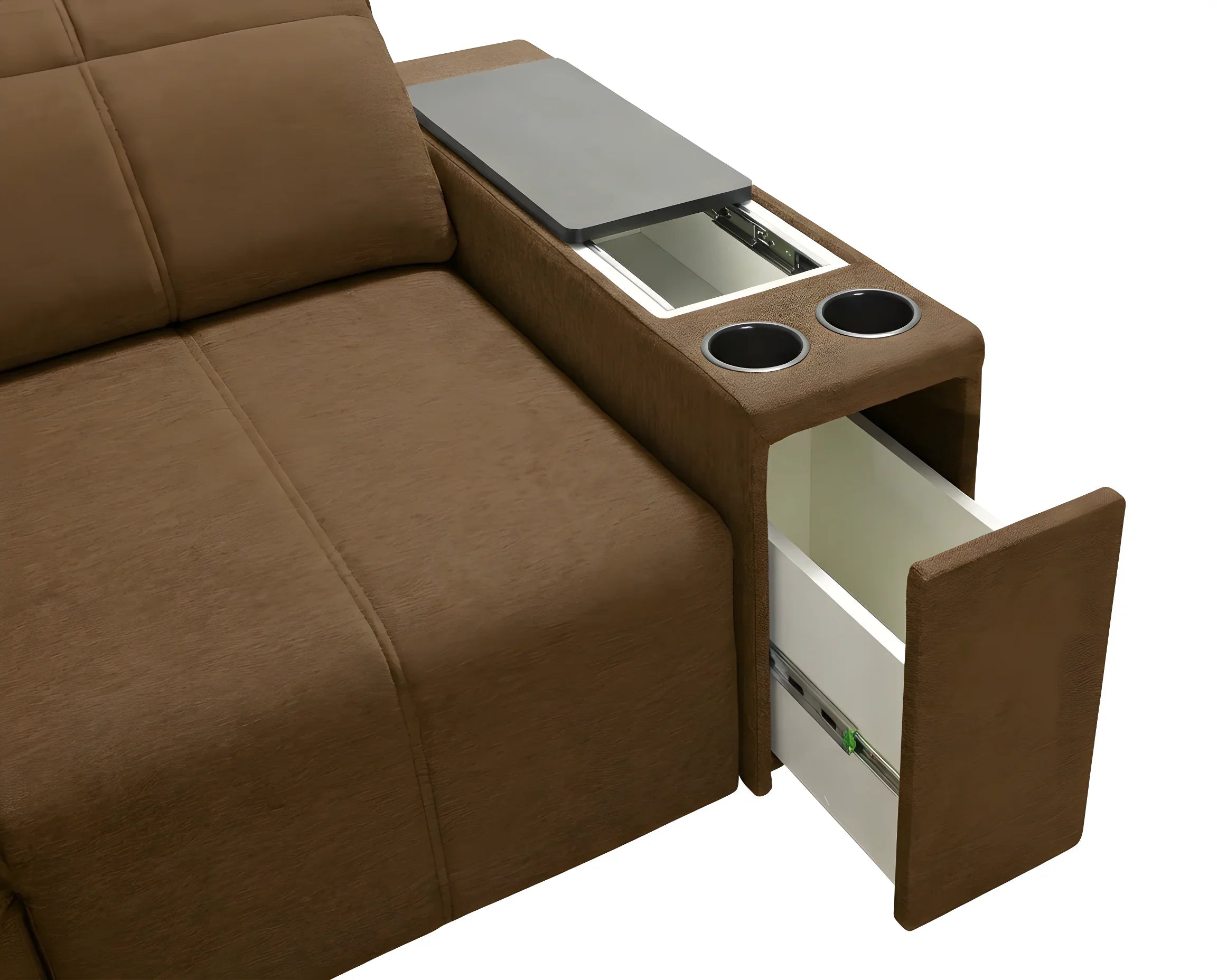 Canapé marron en tissu avec accoudoir intégré, une tablette escamotable pour un salon moderne