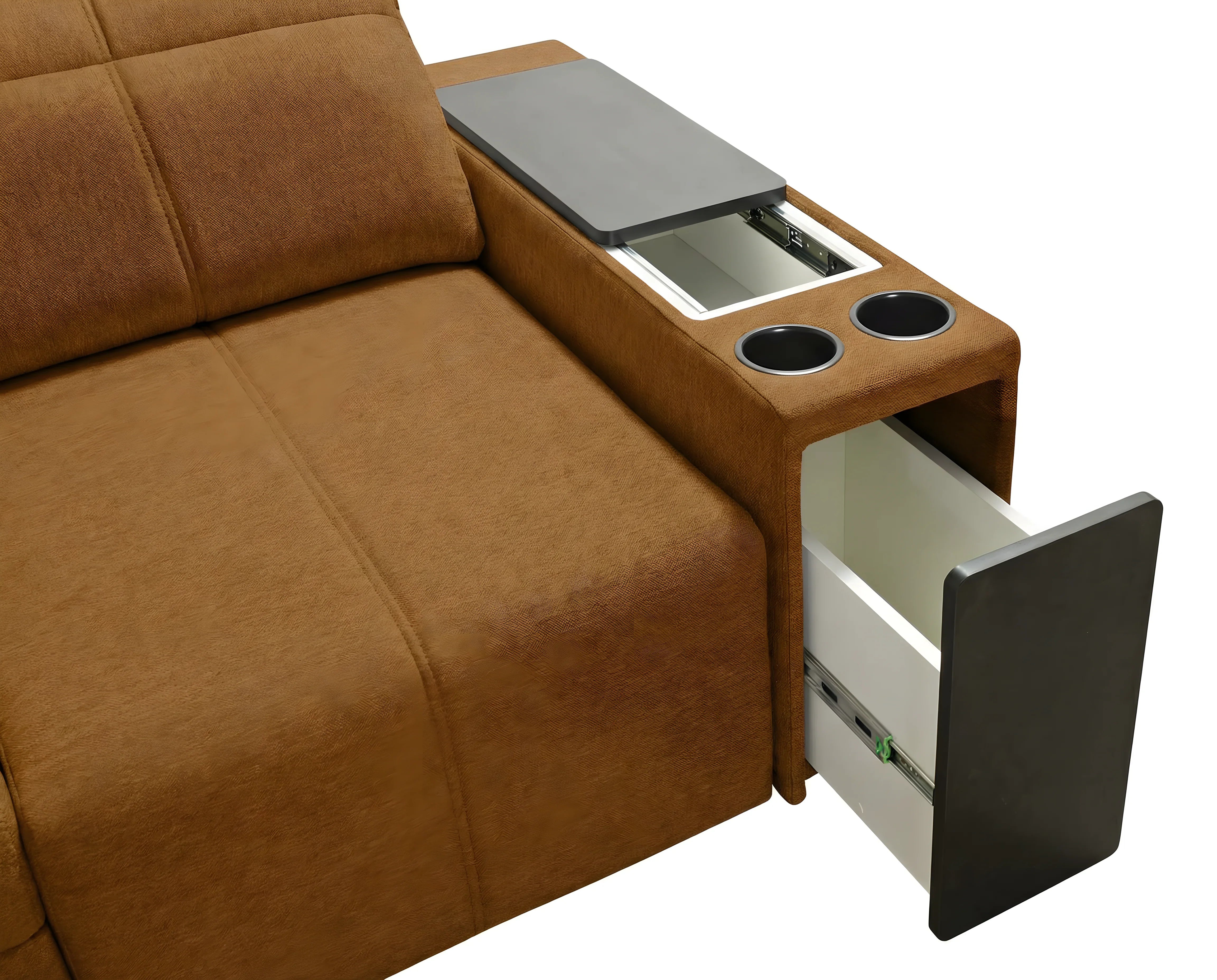 Canapé marron en tissu avec accoudoir intégrant table, porte-gobelets et tiroir ouvert, isolé sur fond blanc