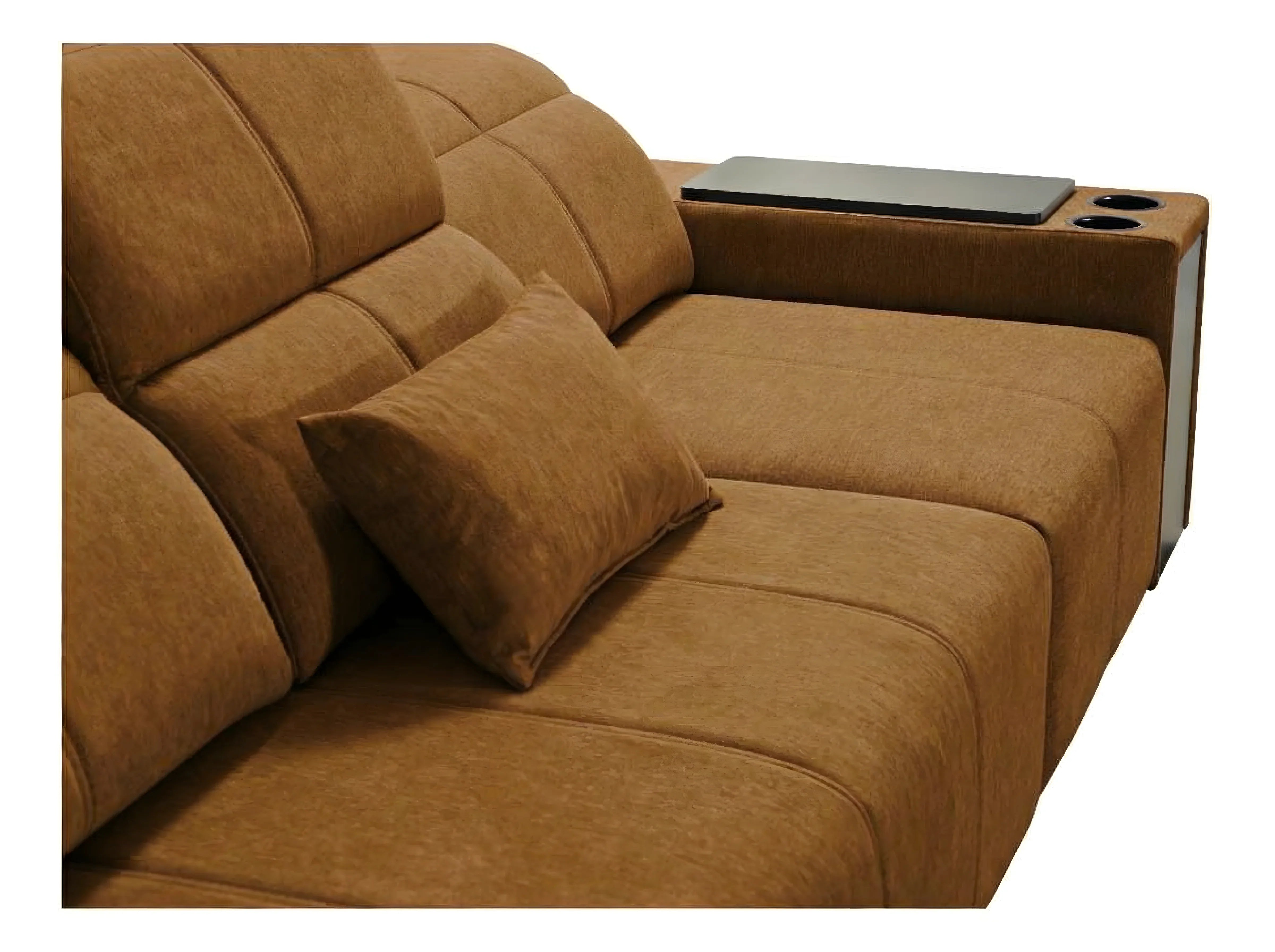 Canapé marron en tissu capitonné avec coussin, accoudoirs et plateau pour salon contemporain