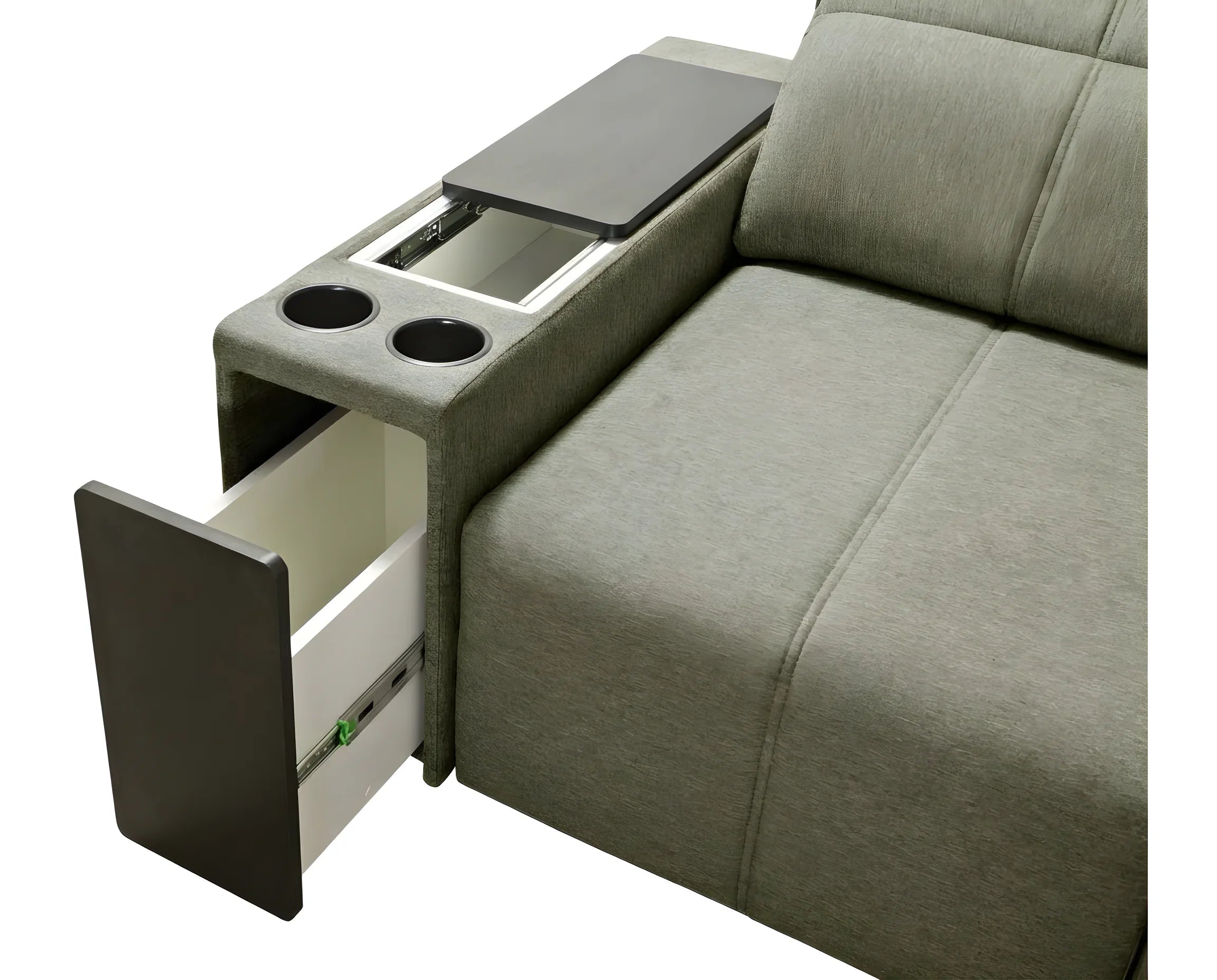 Canapé gris avec accoudoir-tablette et tiroir. Tissu texturé, design contemporain pour salon.