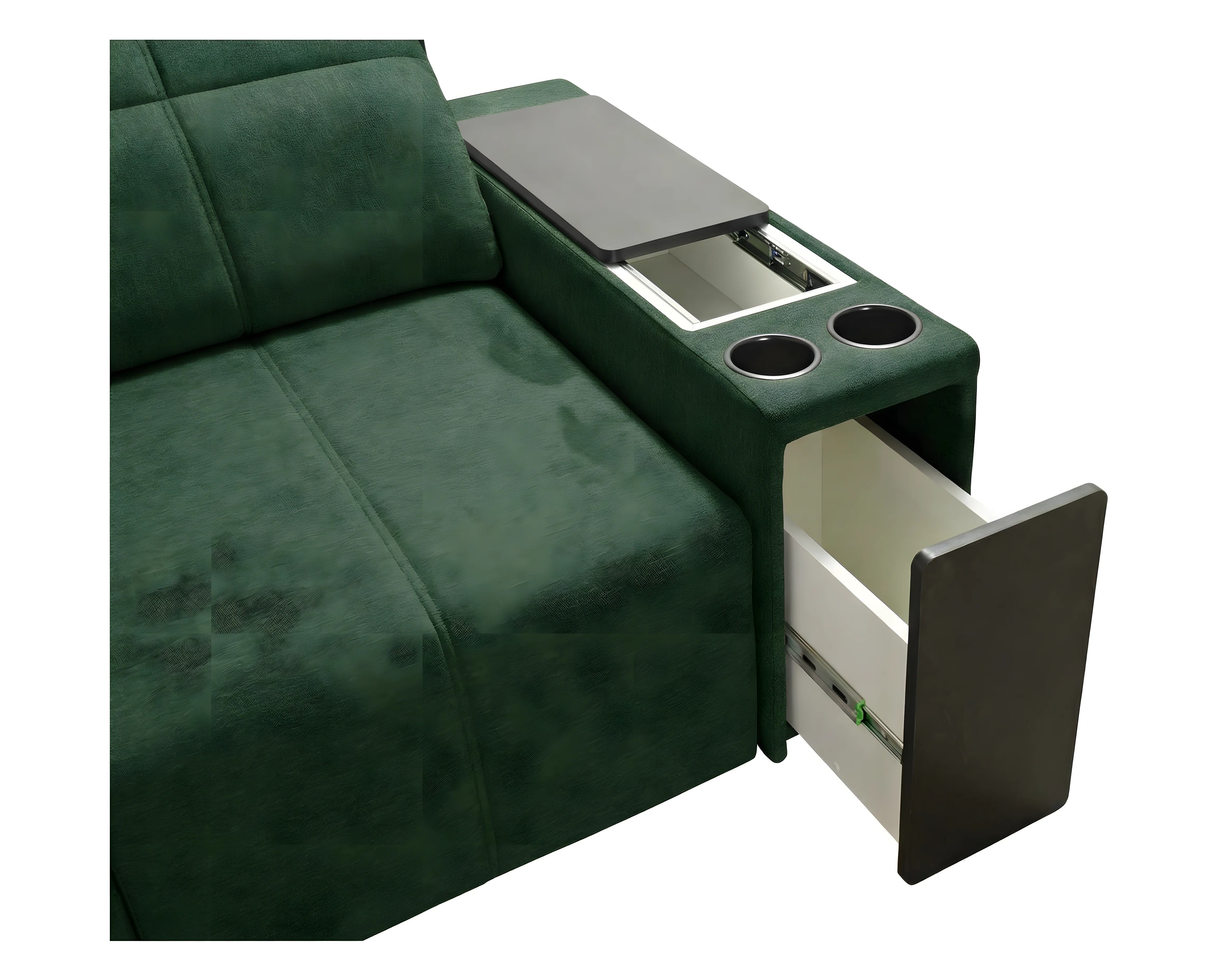 Canapé vert en tissu avec accoudoir avec deux porte-gobelets et un tiroir de rangement ouvert, sur fond blanc.