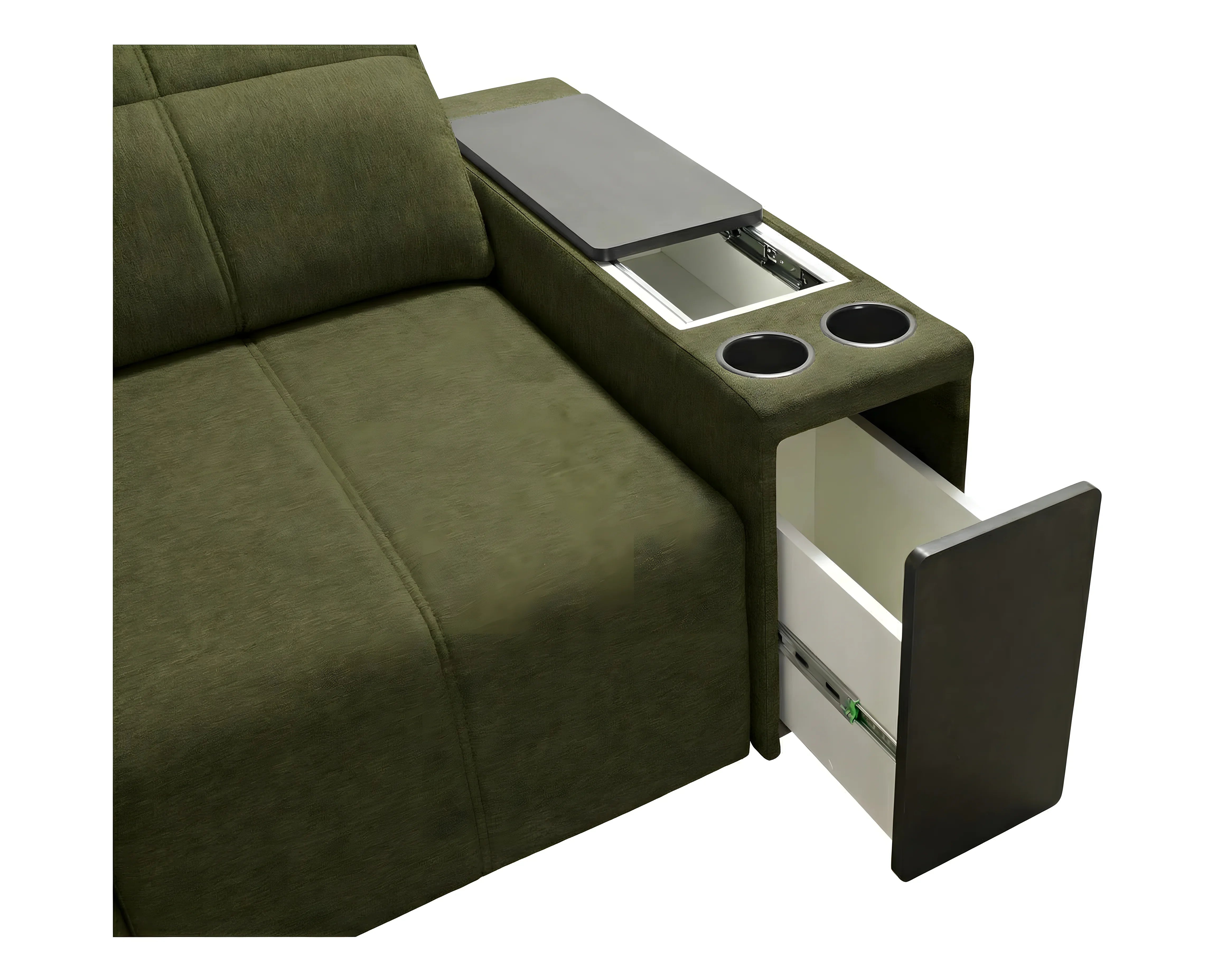 Canapé vert en tissu avec accoudoir incluant table noire et deux porte-gobelets, tiroir ouvert en contexte intérieur