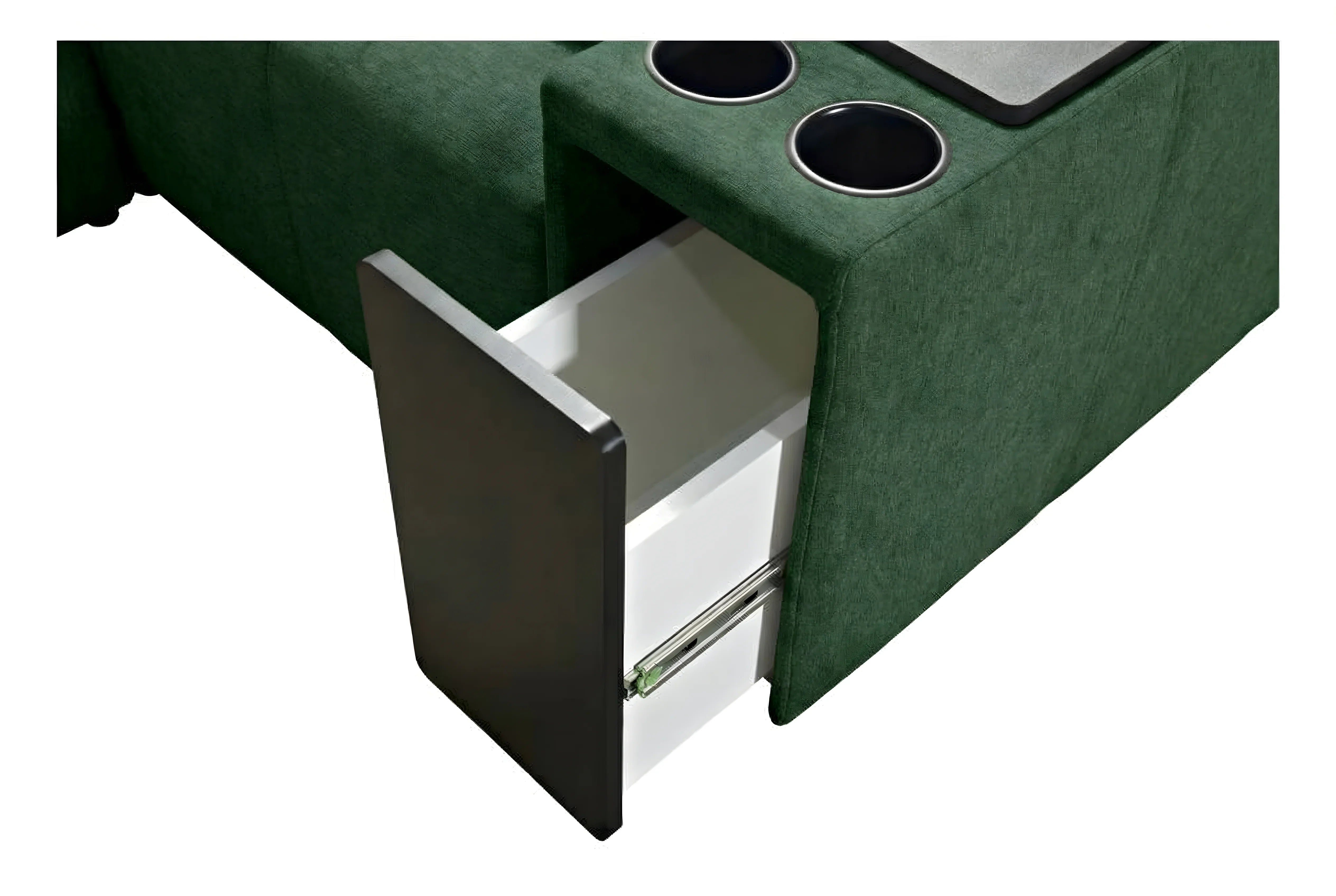 Canapé d'angle vert en tissu avec tiroir coulissant intégré, idéal pour salon contemporain.