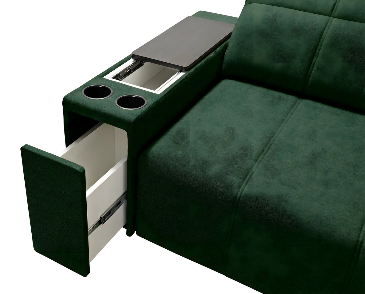 Canapé d'angle vert en tissu avec accoudoir, table en bois et tiroir ouvert, pour salon moderne