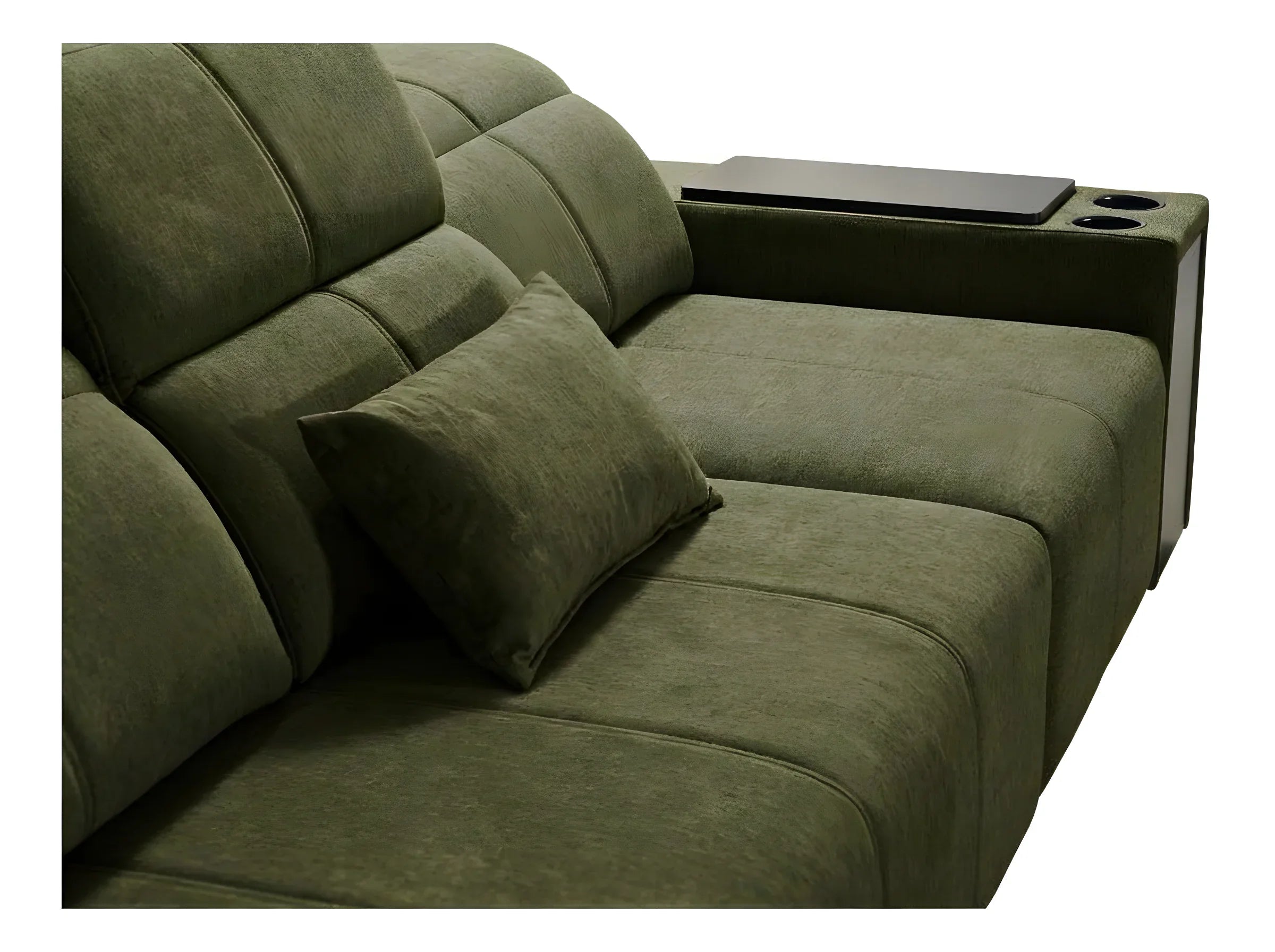 Canapé vert olive en tissu avec coussin, accoudoir avec porte-gobelets, pour salon moderne, confortable et stylé