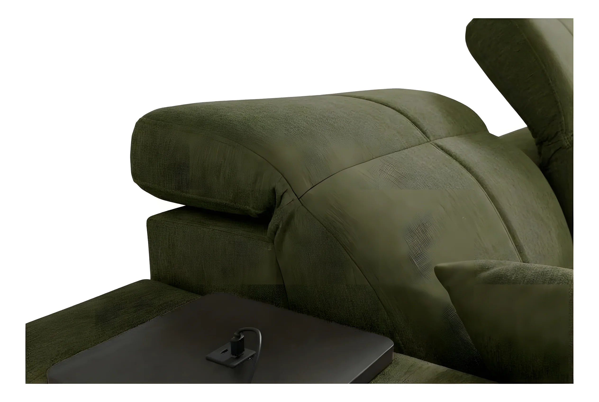 Canapé vert olive en tissu avec accoudoirs, coussins et table d'appoint, pour salon moderne